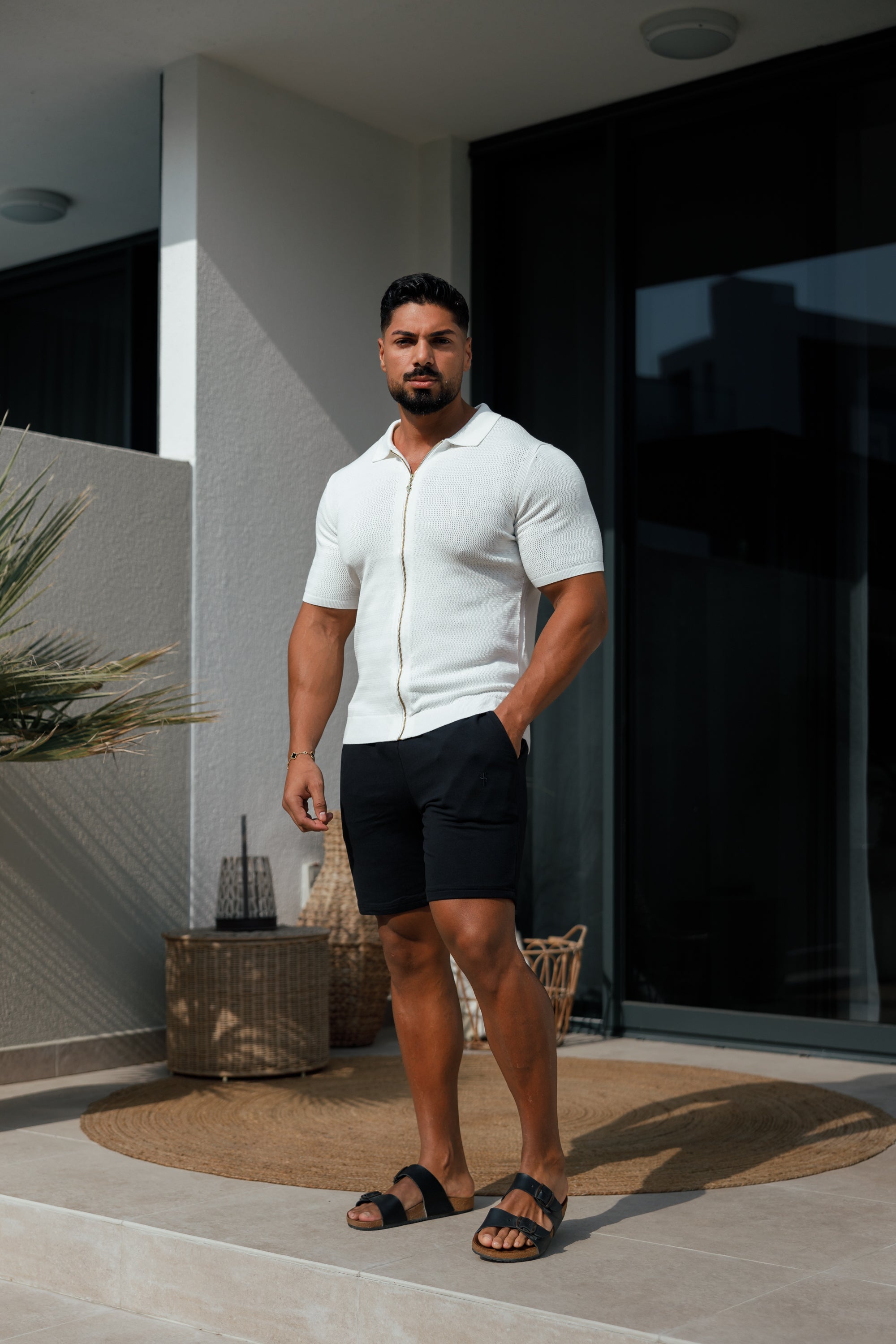 Classic Knitted Textured Design With Full Length Zip Off White Short Sleeve - FSN152