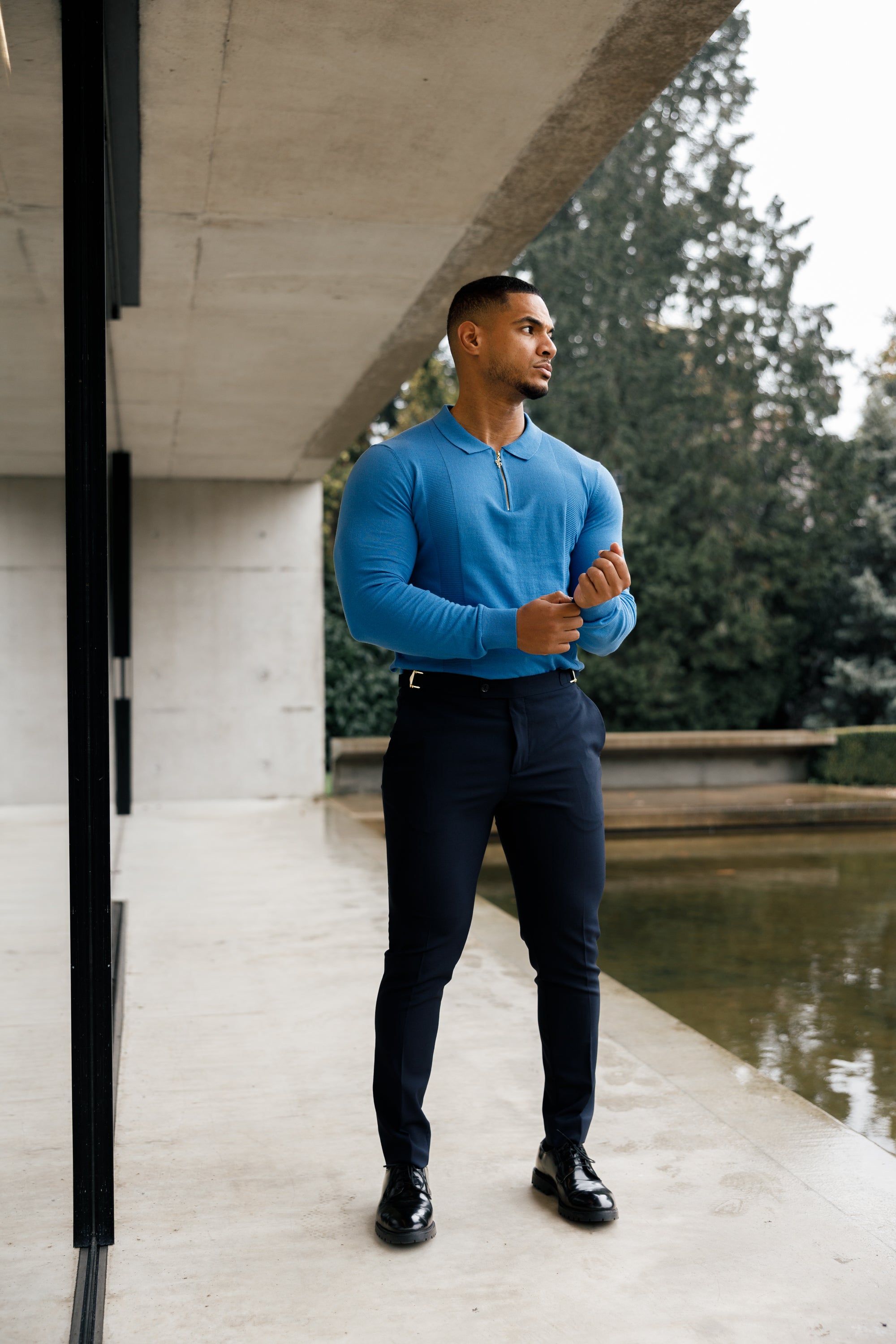 Classic Mid Blue and Gold Zip Knitted Polo Shirt Long Sleeve - FSN129