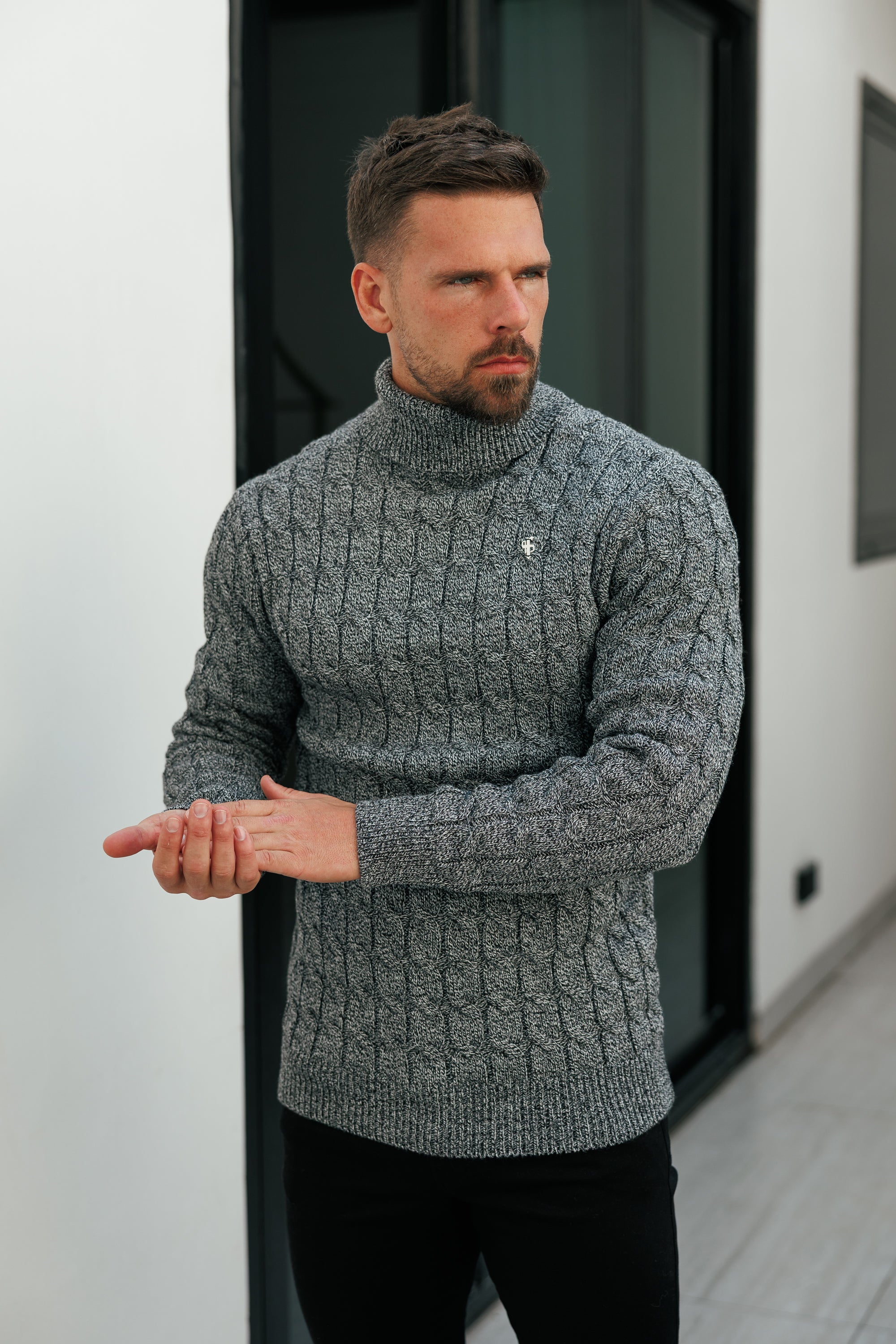 Link Weave Knit Black / White Two Tone Roll Neck Jumper - FSJ140