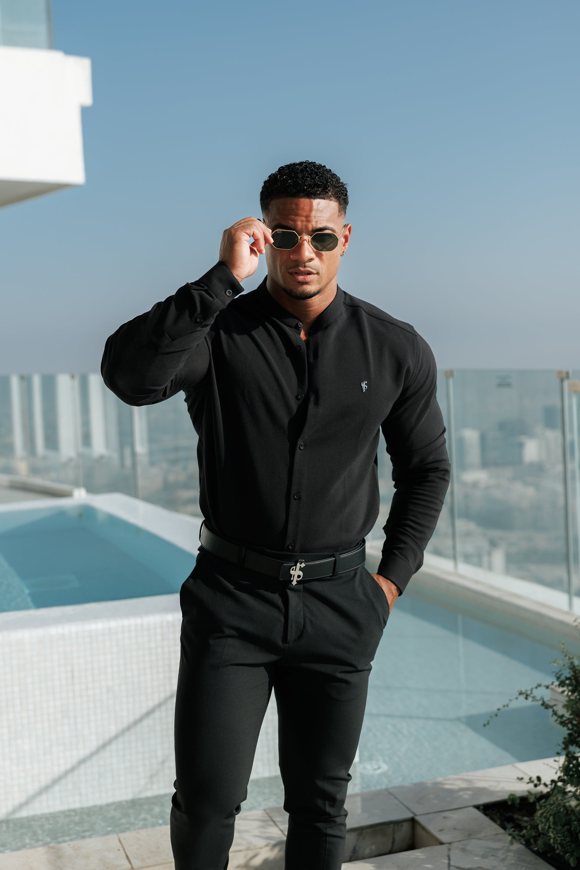 Classic Stretch Black LS with Grandad Collar - FS1078