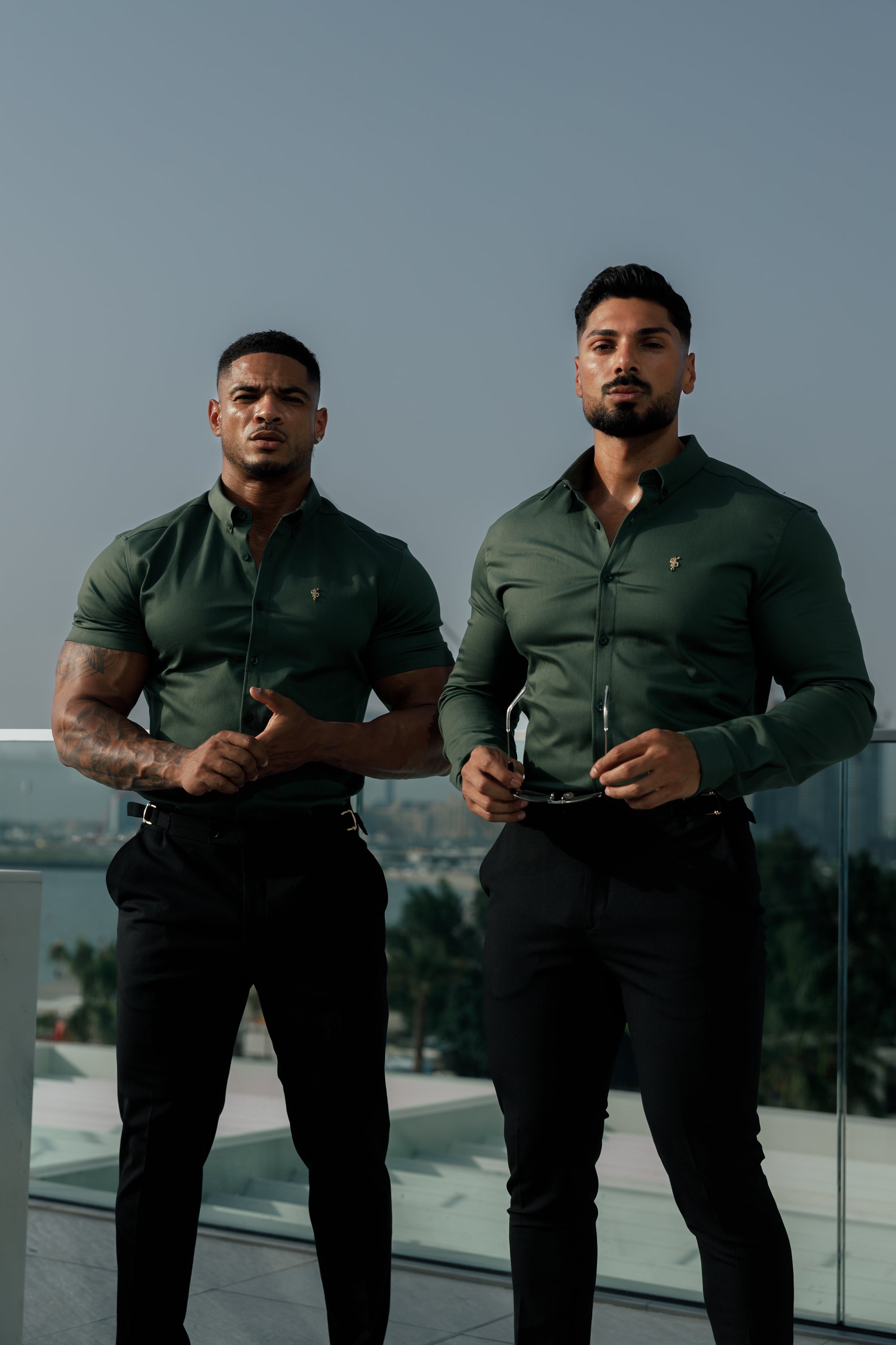 Super Slim Stretch Khaki Denim Long Sleeve with Gold Metal Decal and Button Down Collar - FS1044