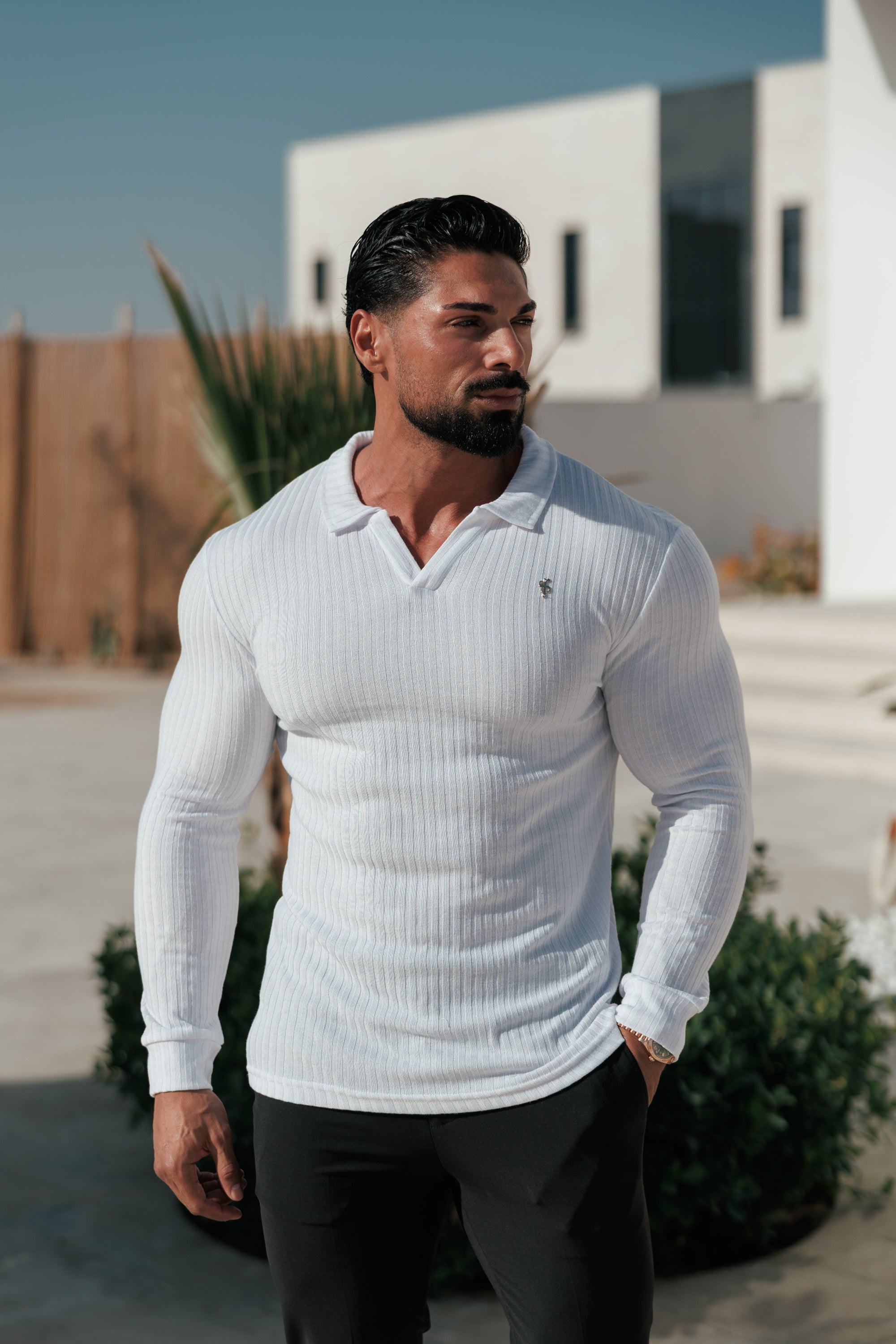 White / Gold Ribbed Revere Polo Shirt Long Sleeve - FSH1431