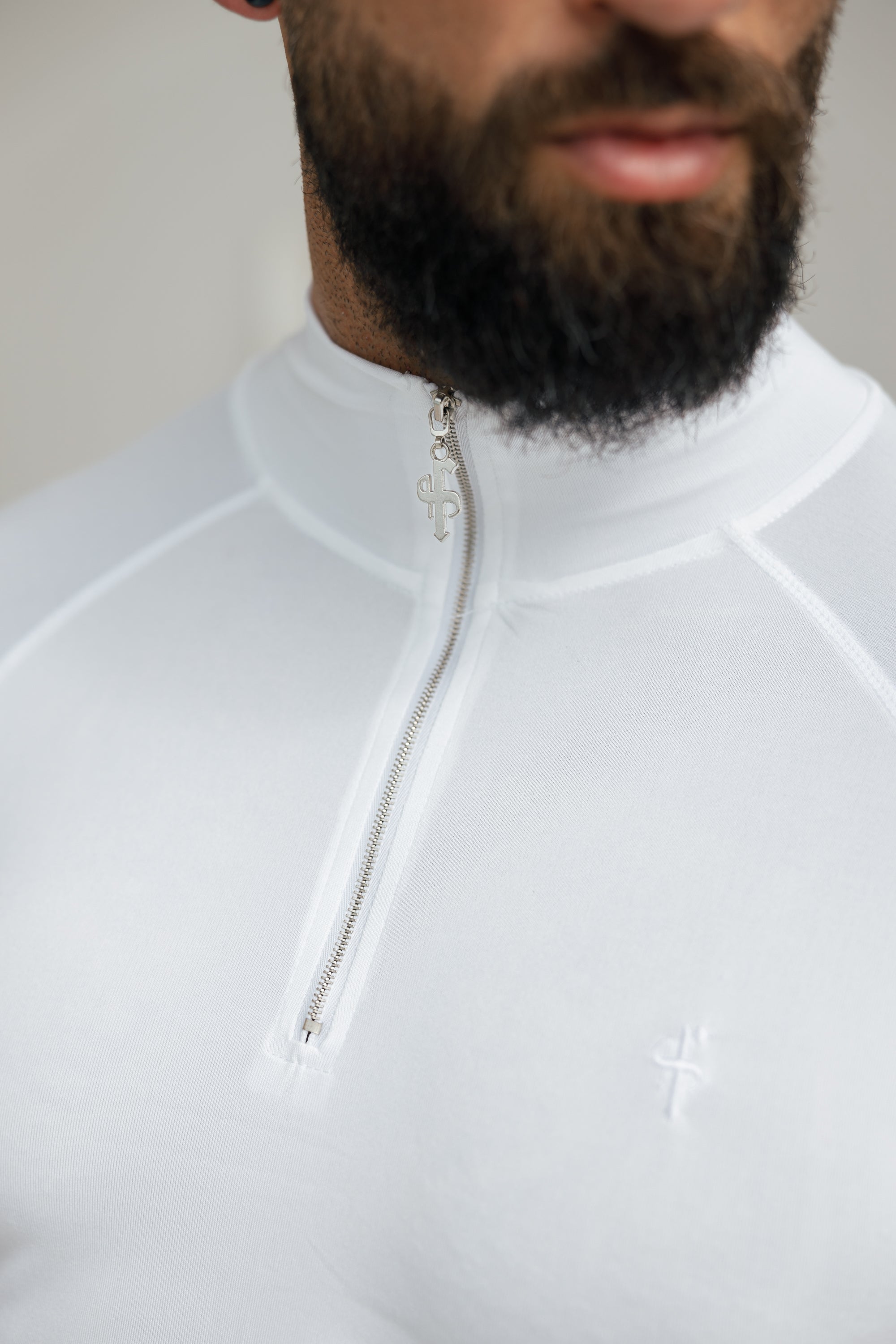 Long Sleeve White / Silver Half Zip Gym Top - FSH888