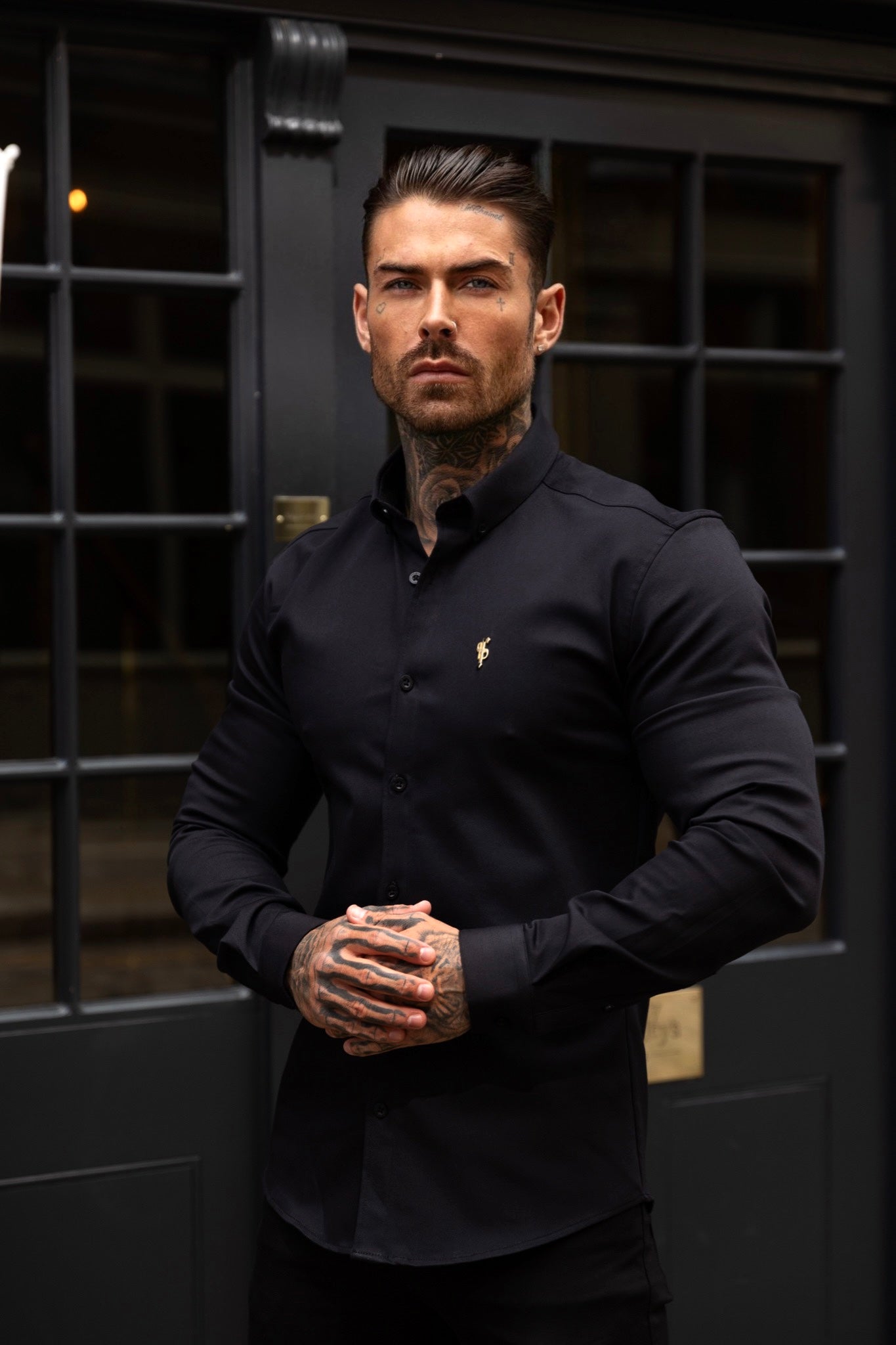Super Slim Stretch Black Denim Long Sleeve with Gold Metal Decal and Button Down Collar - FS1040