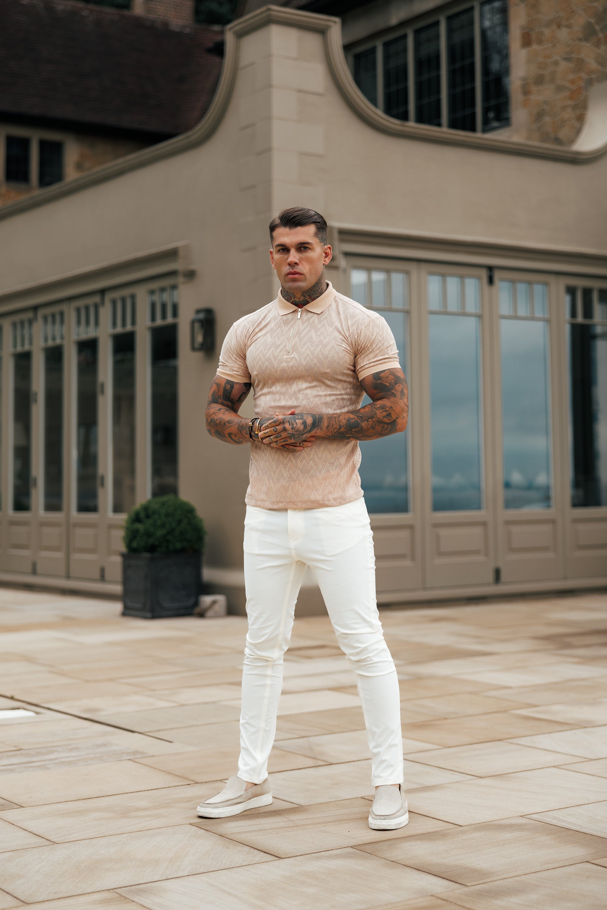 Classic Jacquard Beige Chevron Zipped Polo - FSR023