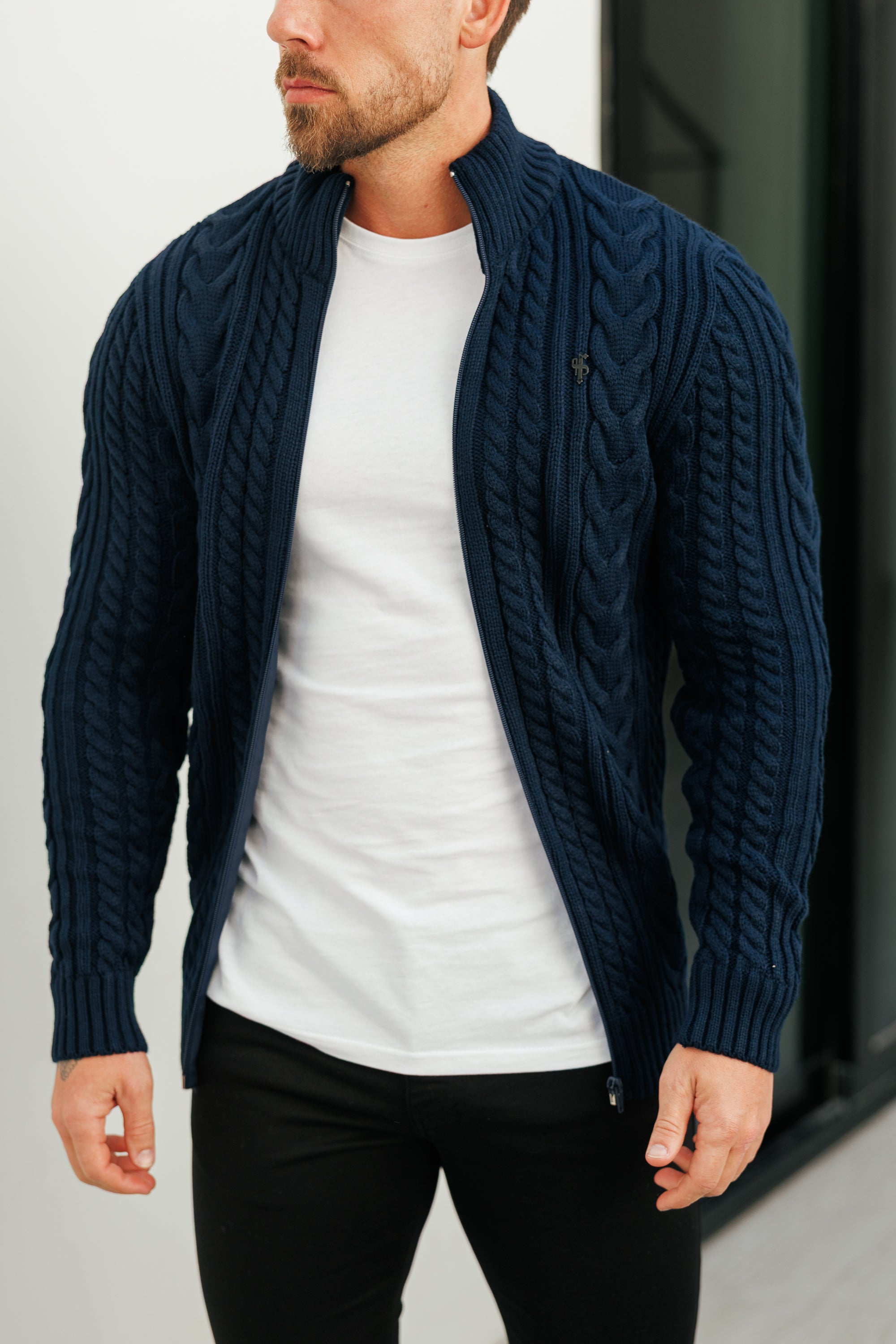 Funnel Neck Full Zip Cardigan Dark Navy -  FSJ146