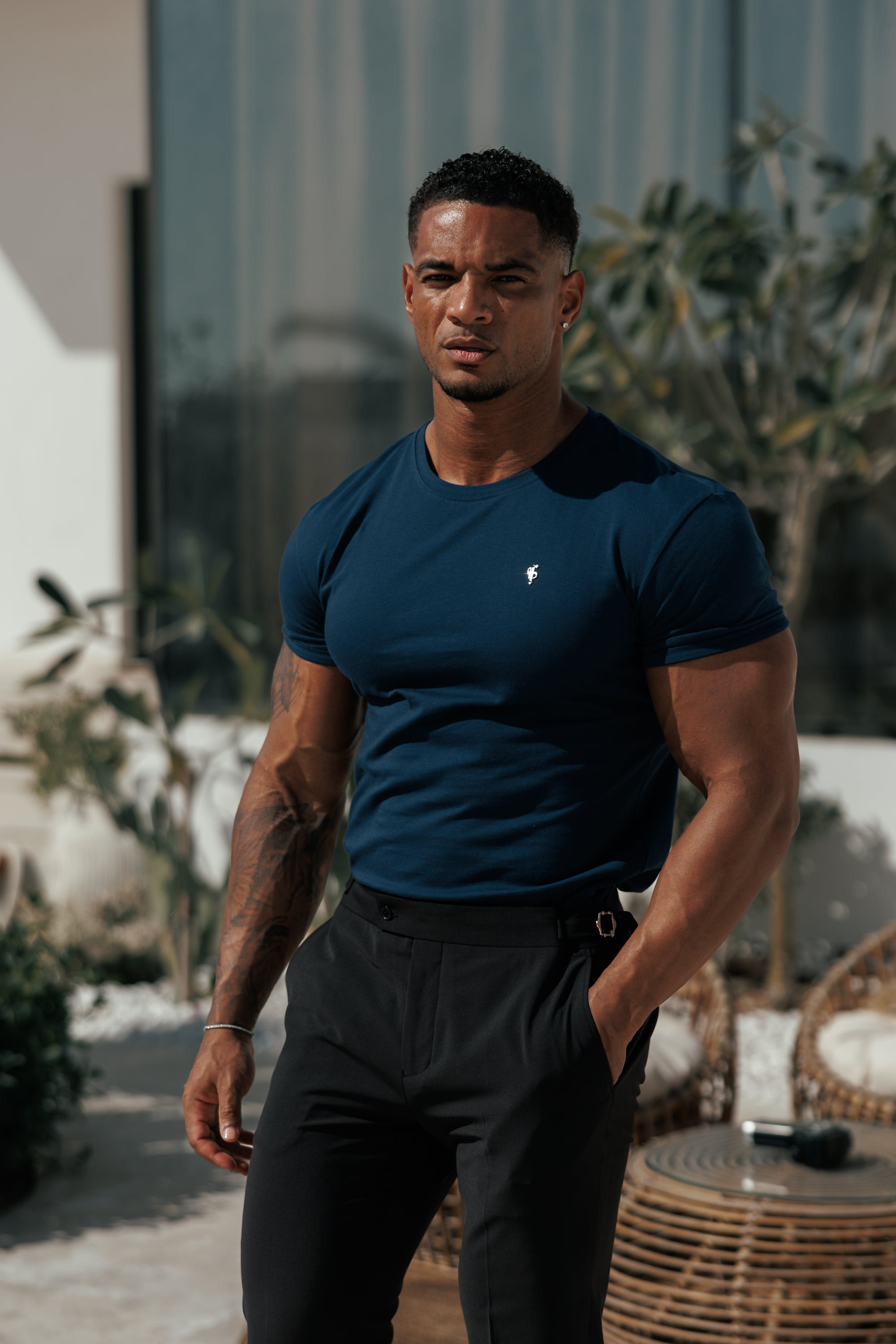 Navy / Silver Crew Tshirt with Silver Metal Emblem Decal FSH1451