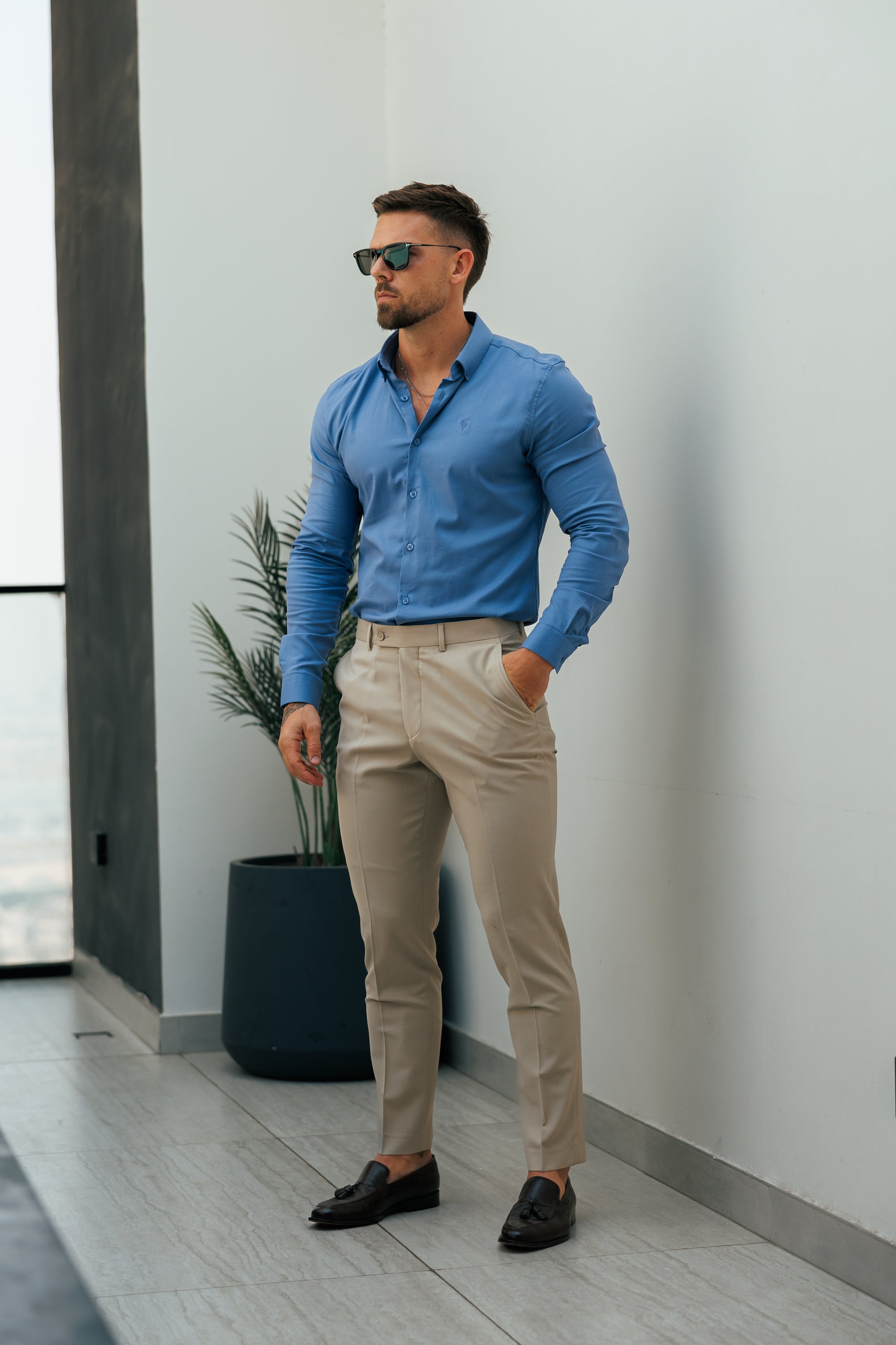 Classic Stretch Oxford Long Sleeve Cadet Blue with Button Down Collar - FS1216