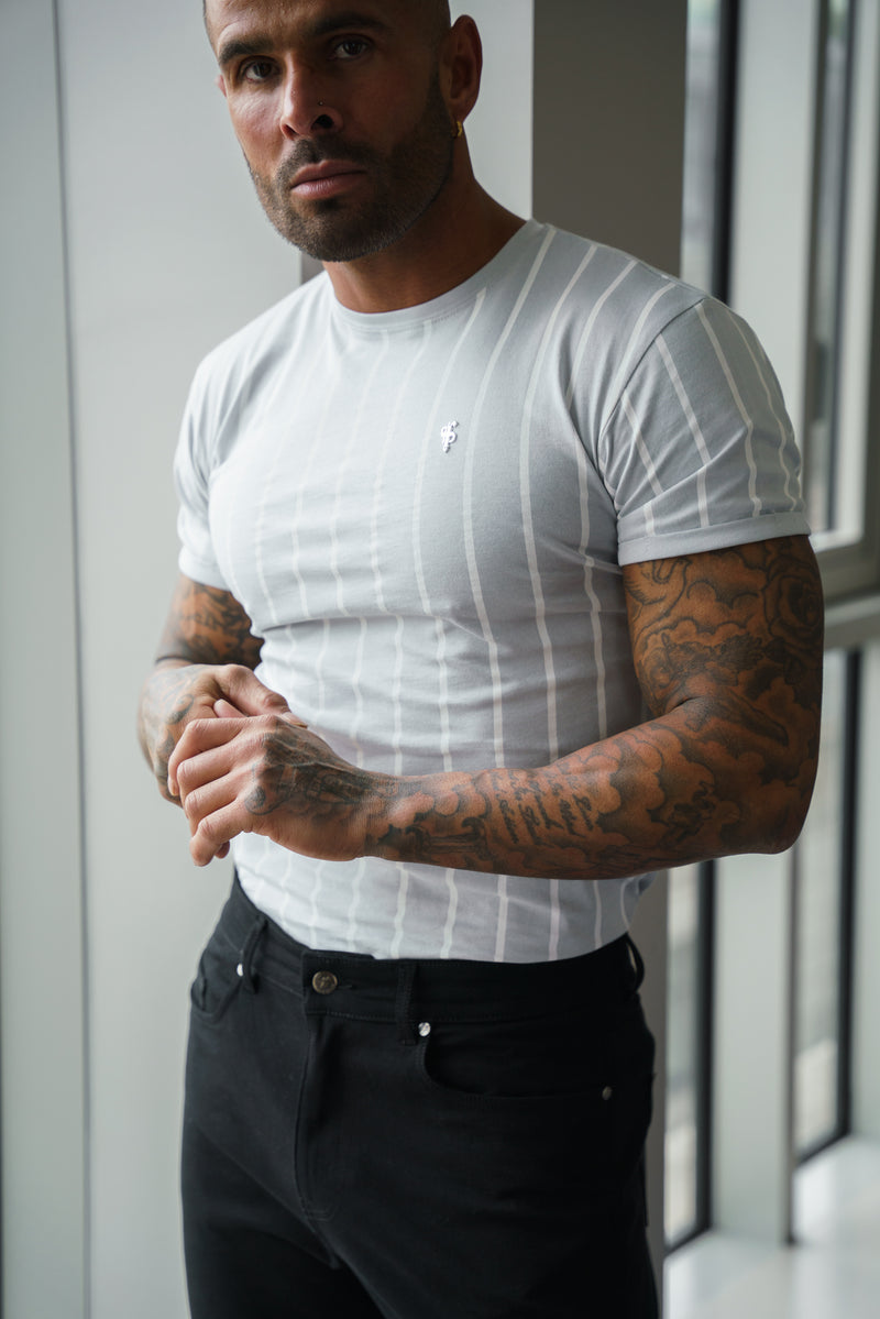 Father Sons Printed Light Grey / White Stripe Fitted T Shirt - FSH1172