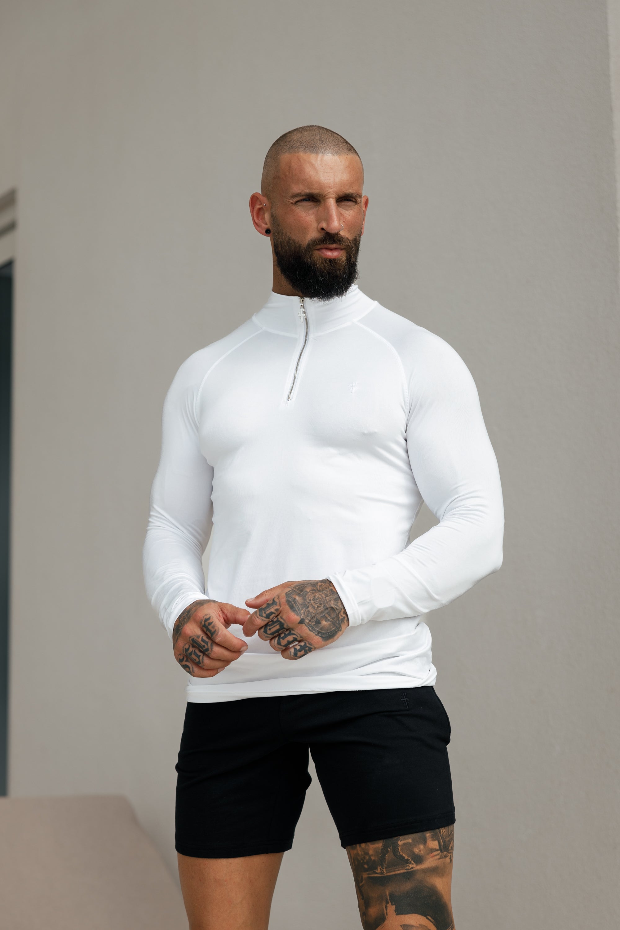 Long Sleeve White / Silver Half Zip Gym Top - FSH888