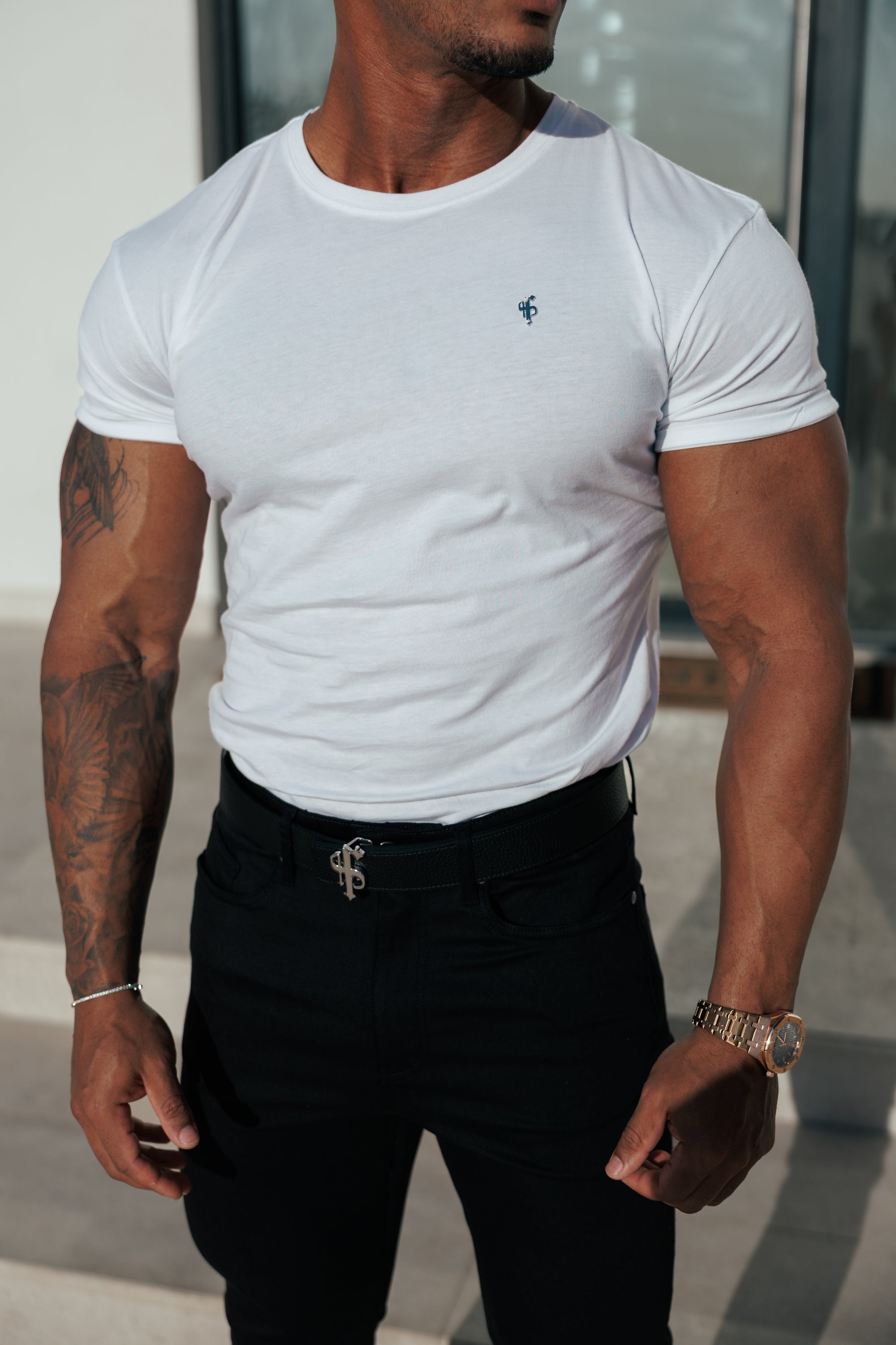 White / Silver Crew T-shirt with Silver Metal Emblem Decal FSH1453