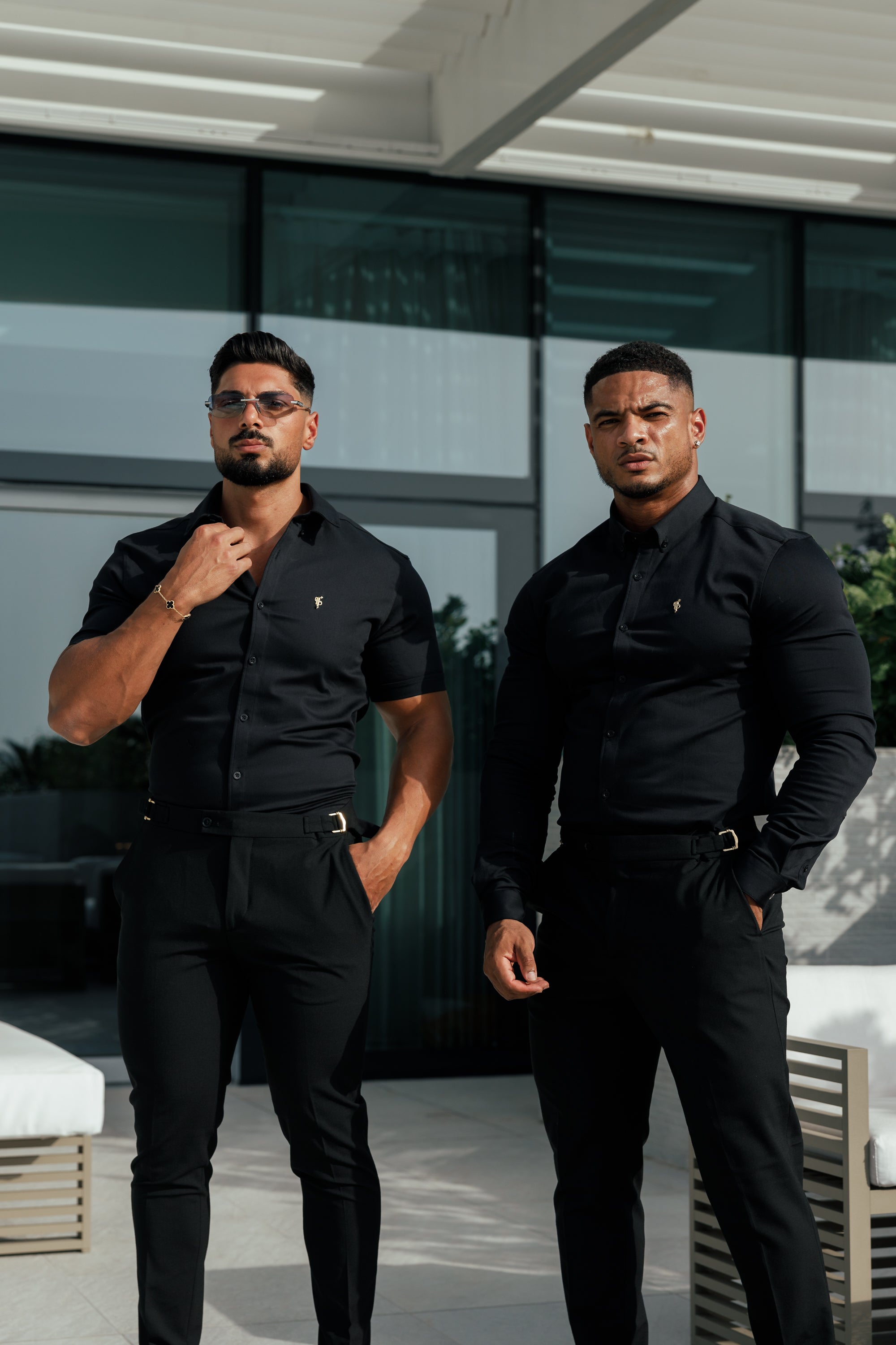 Super Slim Stretch Black Denim Short Sleeve with Gold Metal Decal and Button Down Collar - FS1041