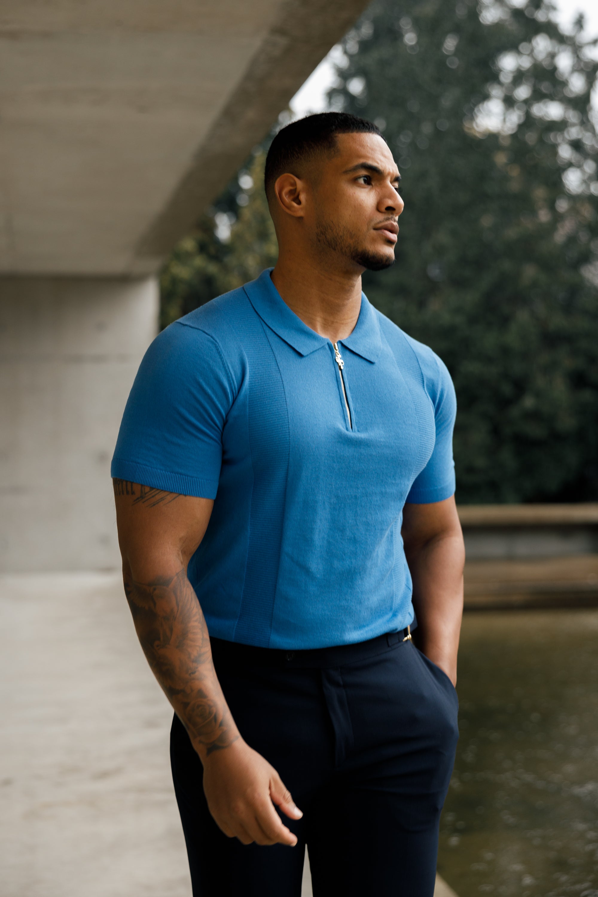 Classic Mid Blue and Gold Zip Knitted Polo Shirt Short Sleeve  - FSN134