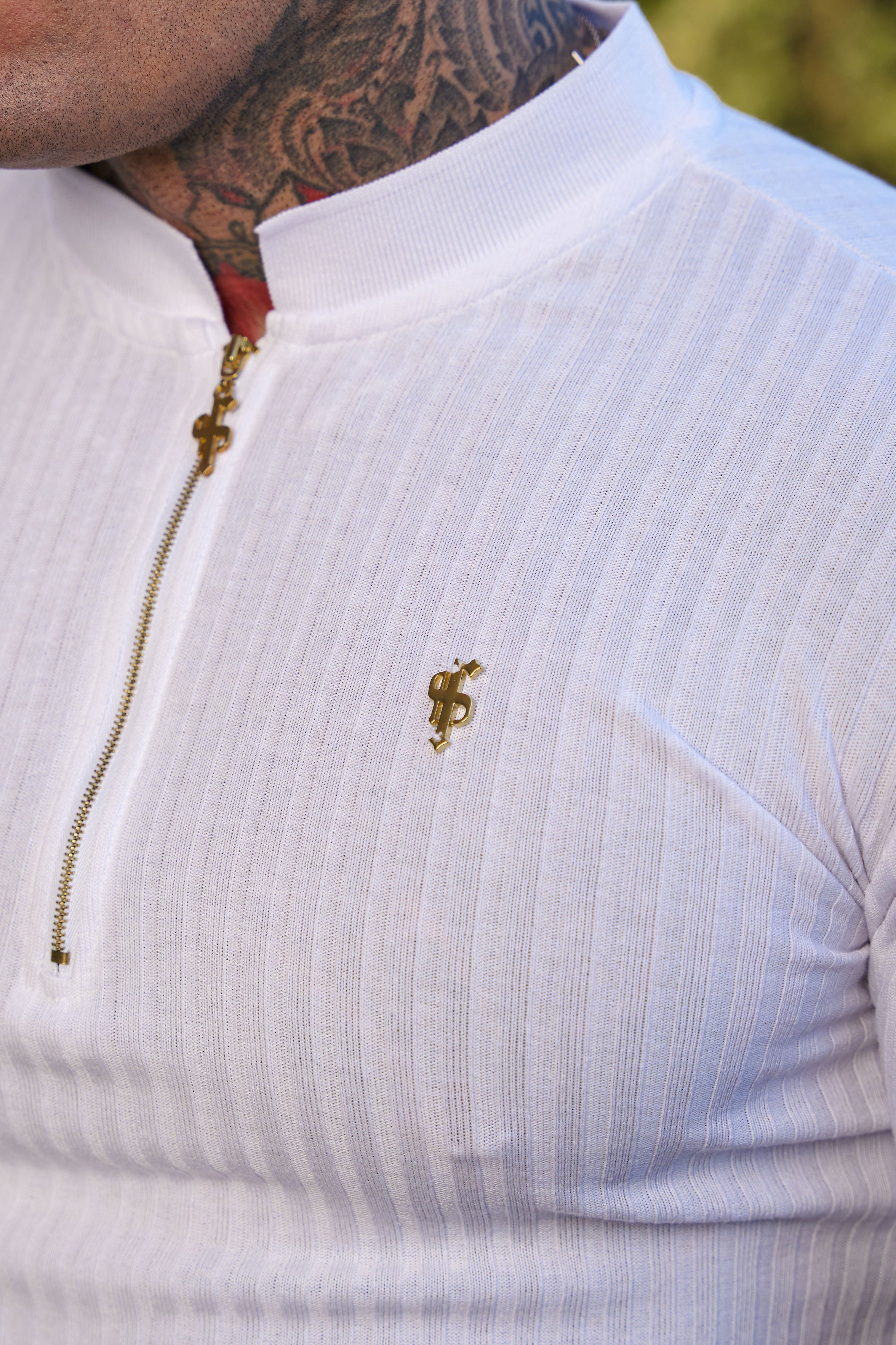 Classic White / White Ribbed Gold Zip Grandad Collar Shirt Short Sleeve - FSH915