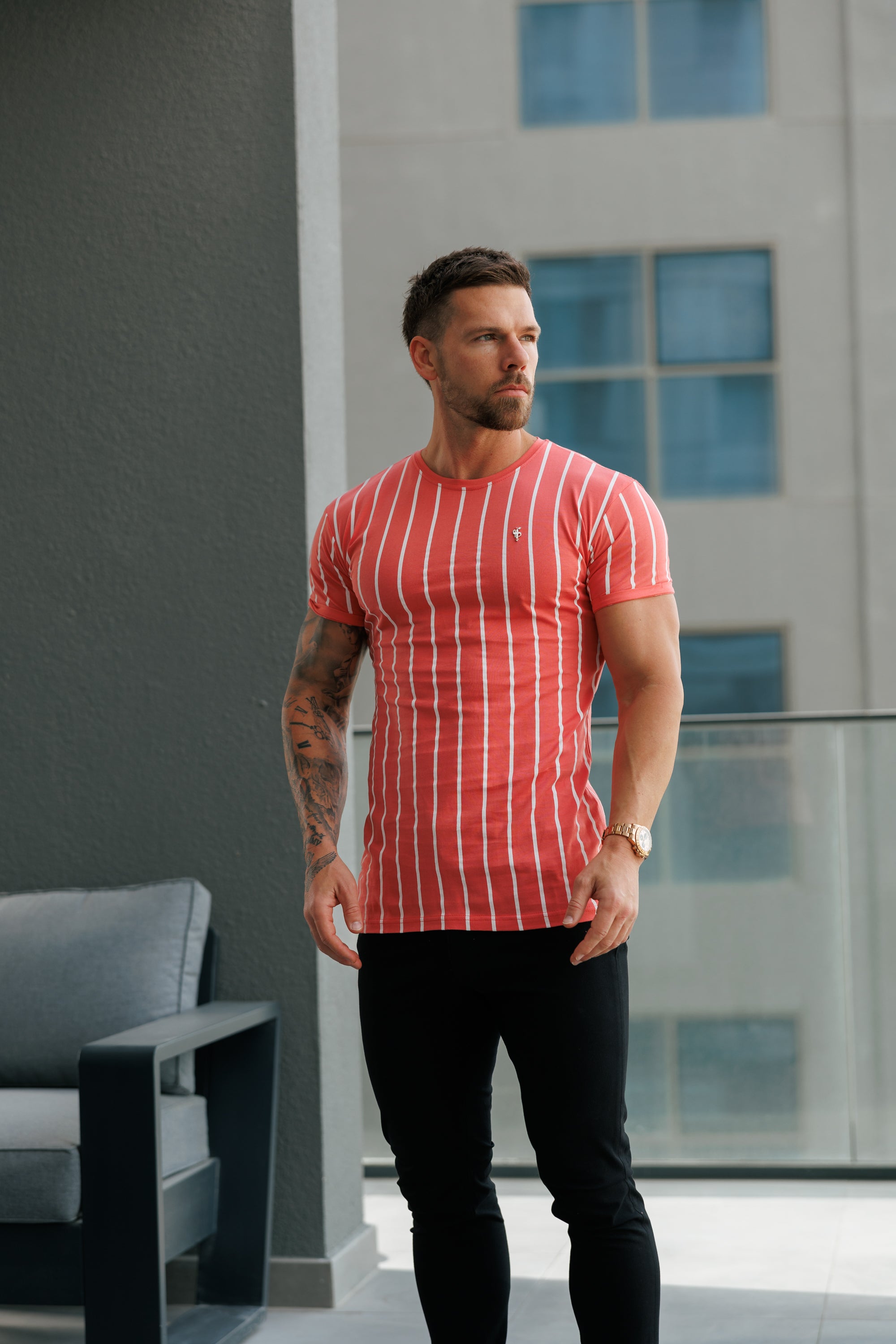 Printed Coral / White Stripe Fitted T Shirt - FSH1171