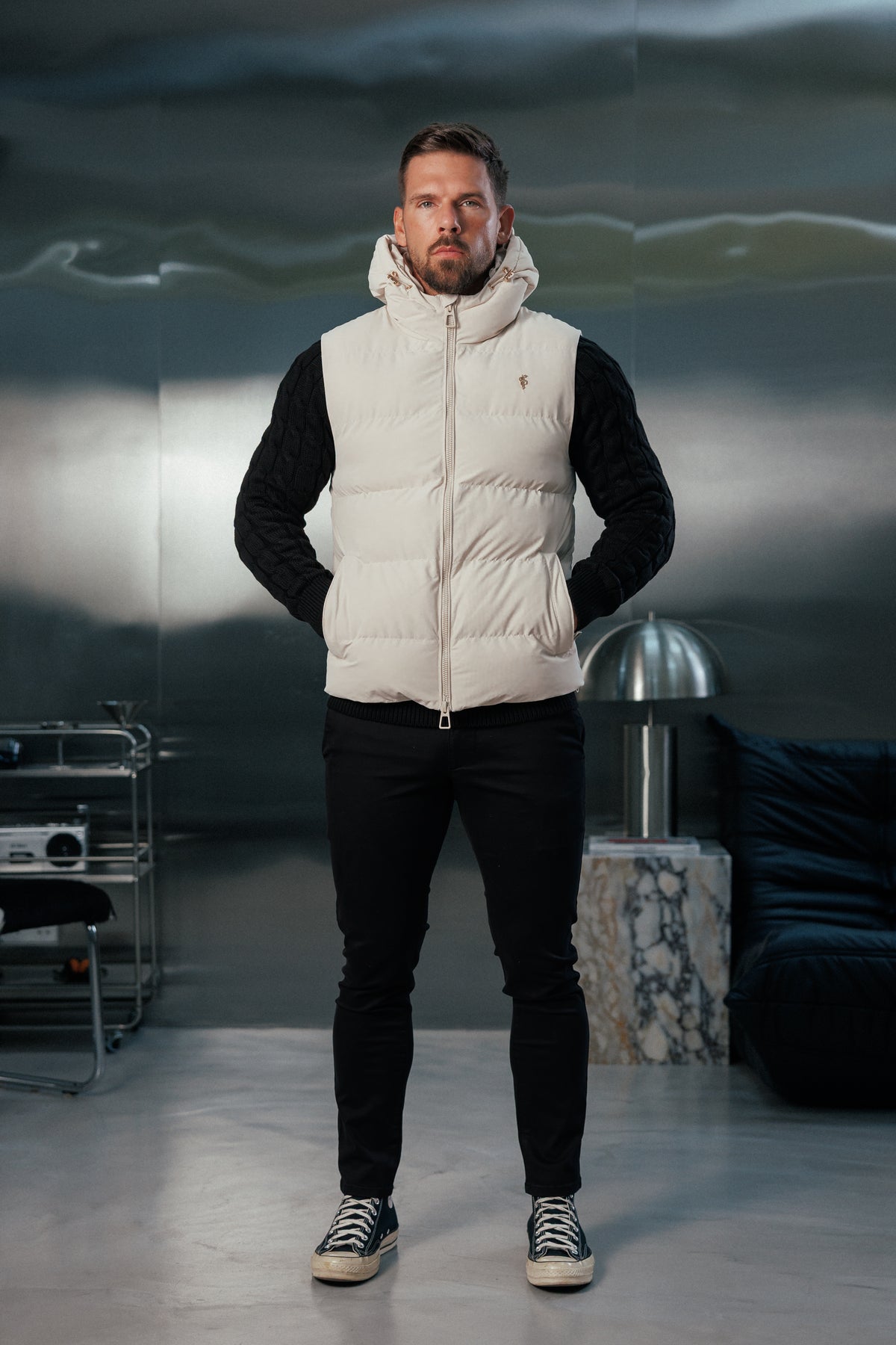 Light Beige Padded Hooded Gilet - FSN243