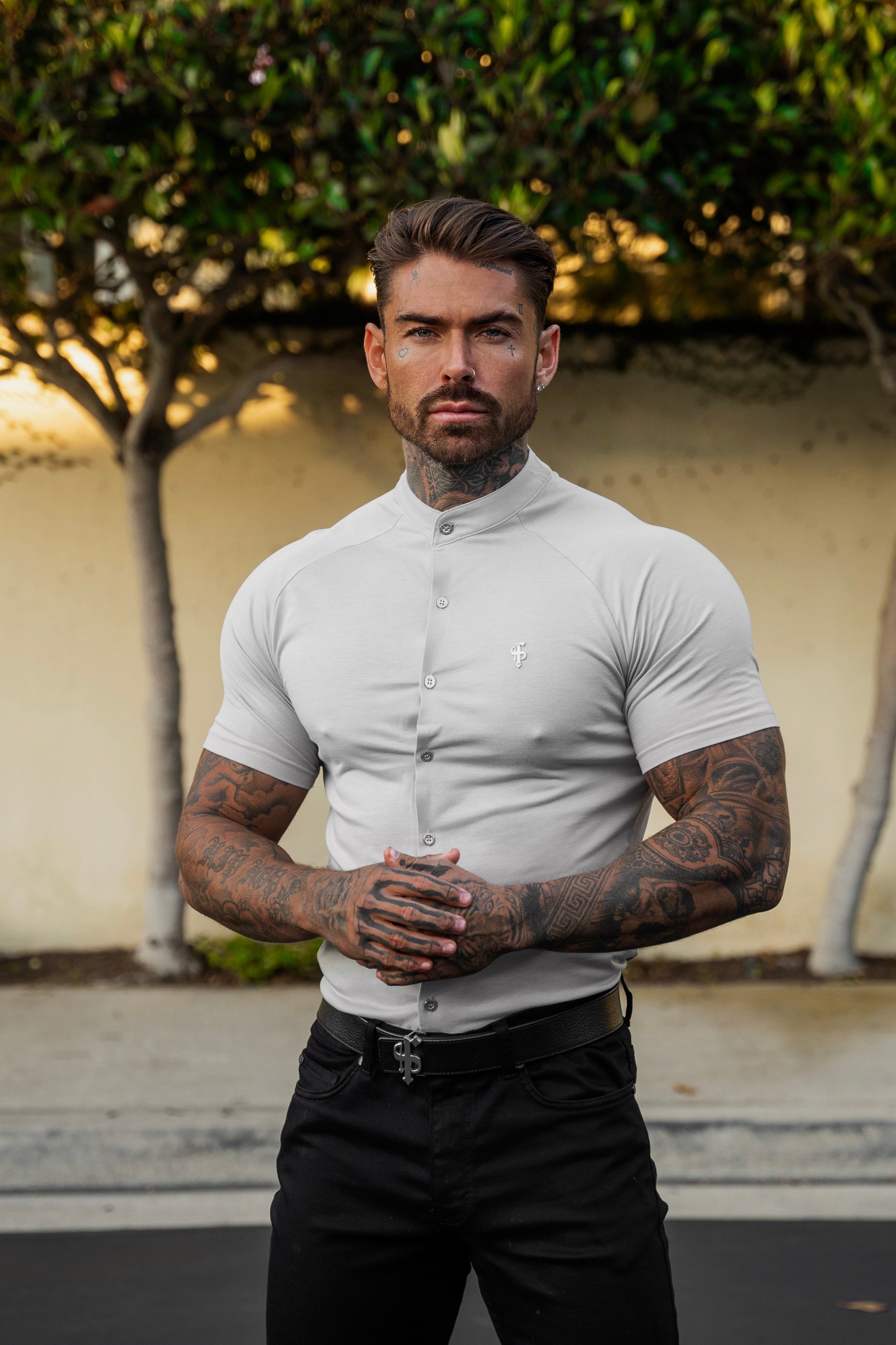 Slim Bamboo Raglan Grandad Collar Grey - FSH1155