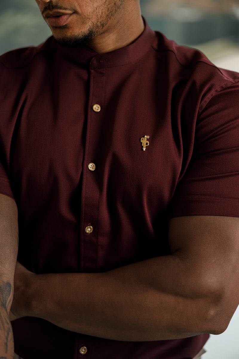 Father Sons Super Slim Stretch Burgundy Denim Short Sleeve Grandad collar with Metal Buttons and Decal Emblem - FS722