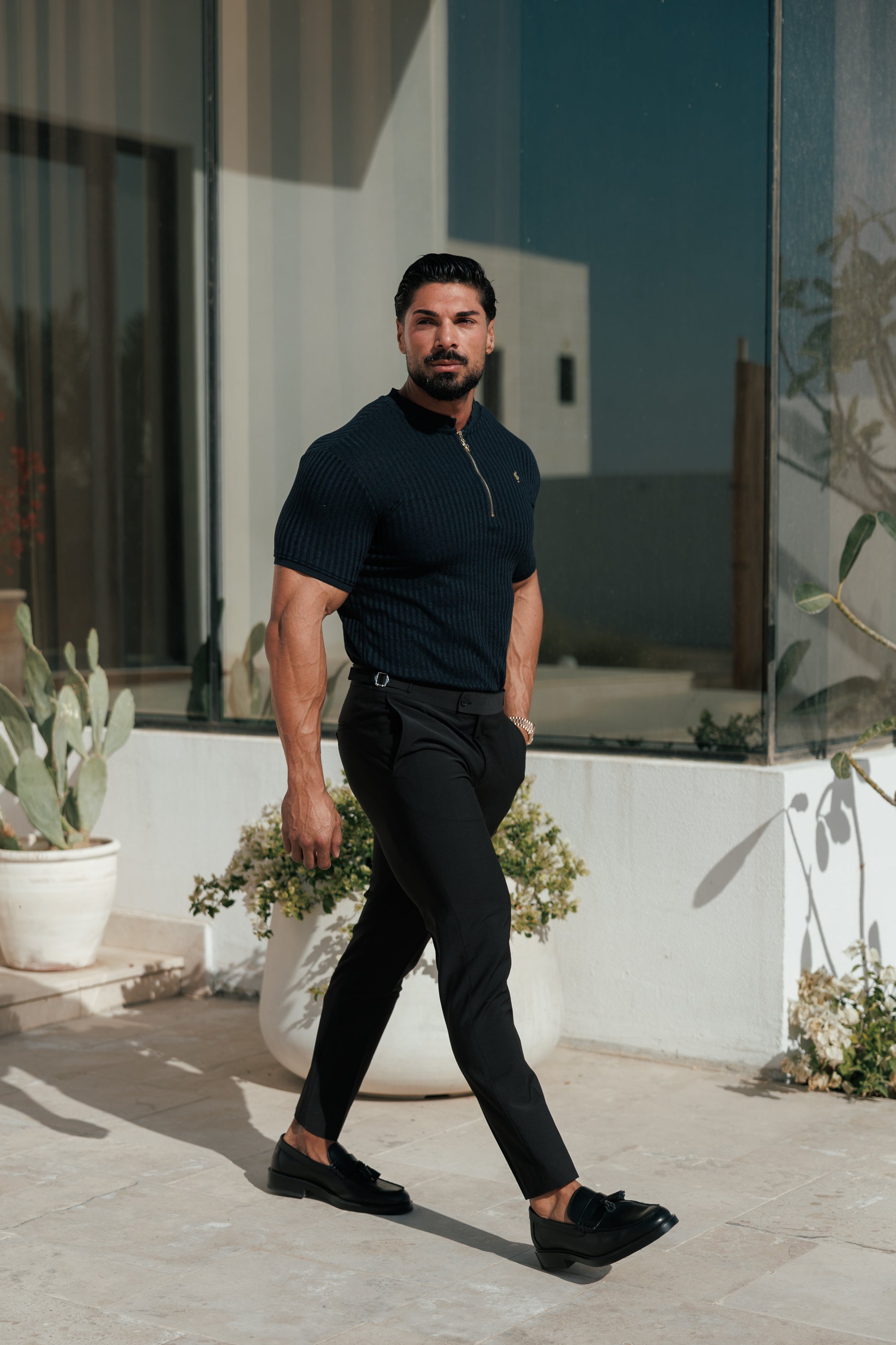 Classic Navy Ribbed Zip Grandad Collar Shirt Short Sleeve - FSH773
