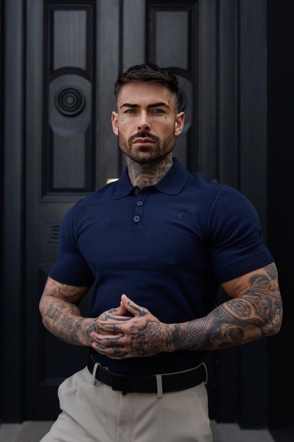Father Sons Classic Plain Navy Knitted Polo Short Sleeve - FSN109