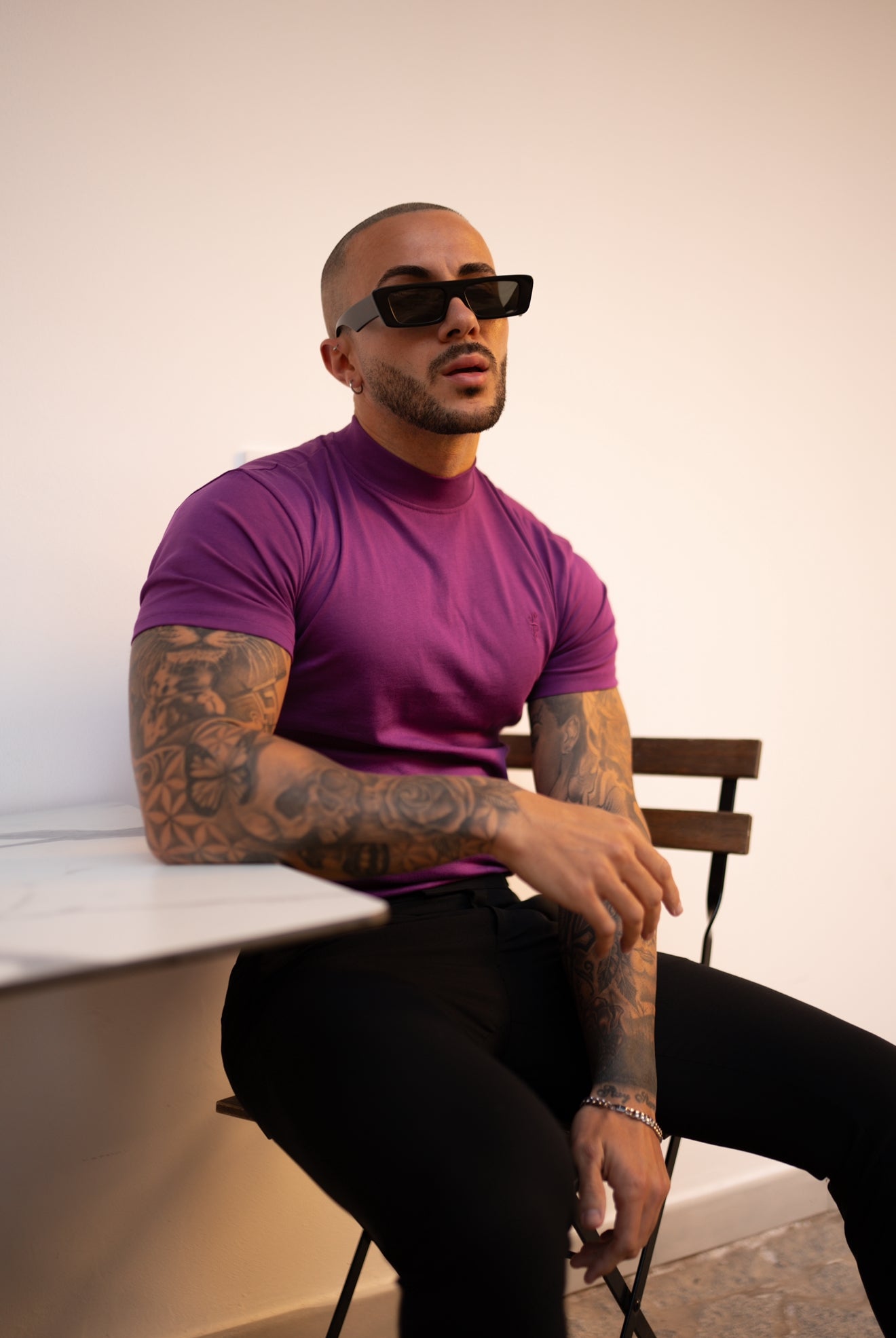 Ribbed High Neck Crew Short Sleeve Purple - FSH1139