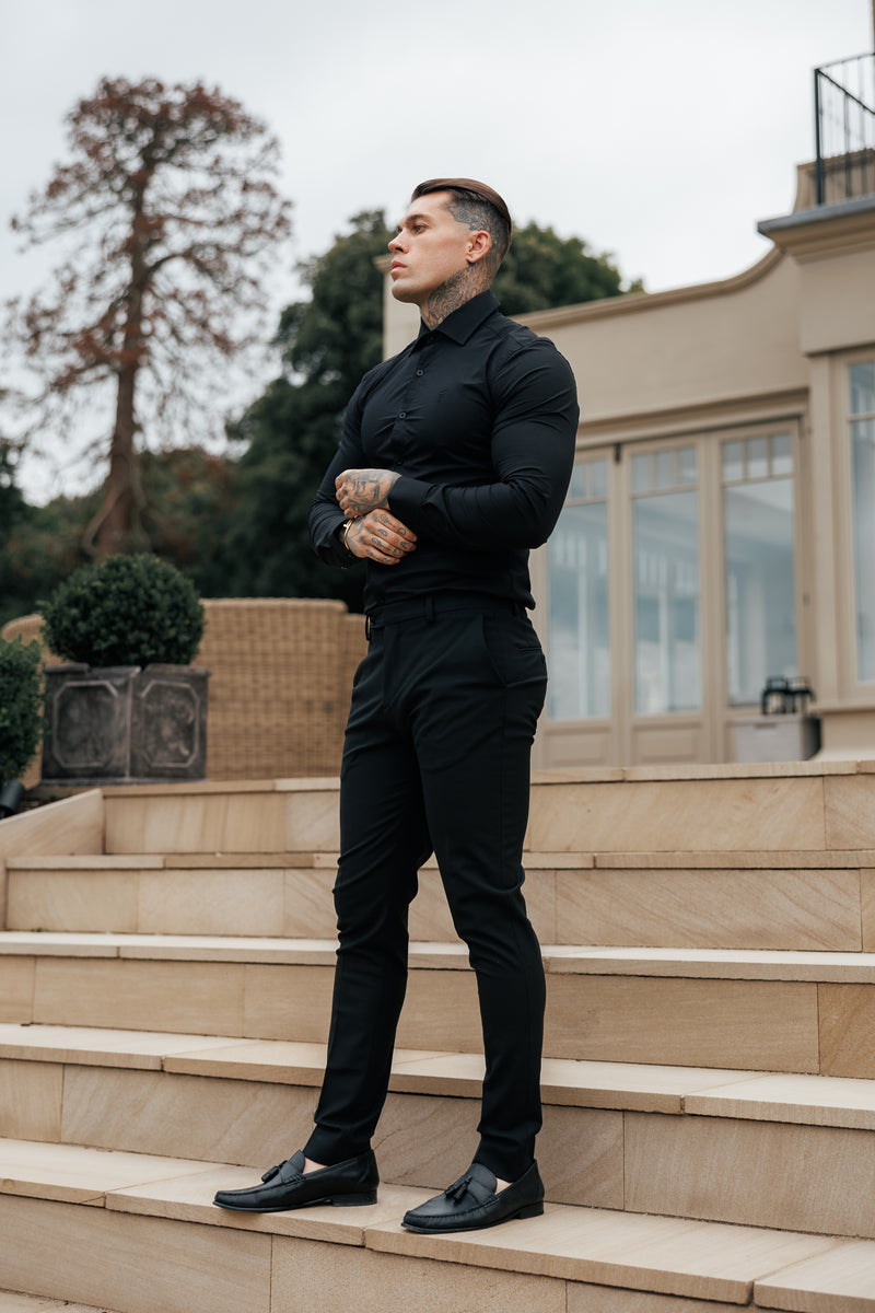 Father Sons Muscle Fit Advanced Stretch Black Cutaway Collar Shirt  - FS1164