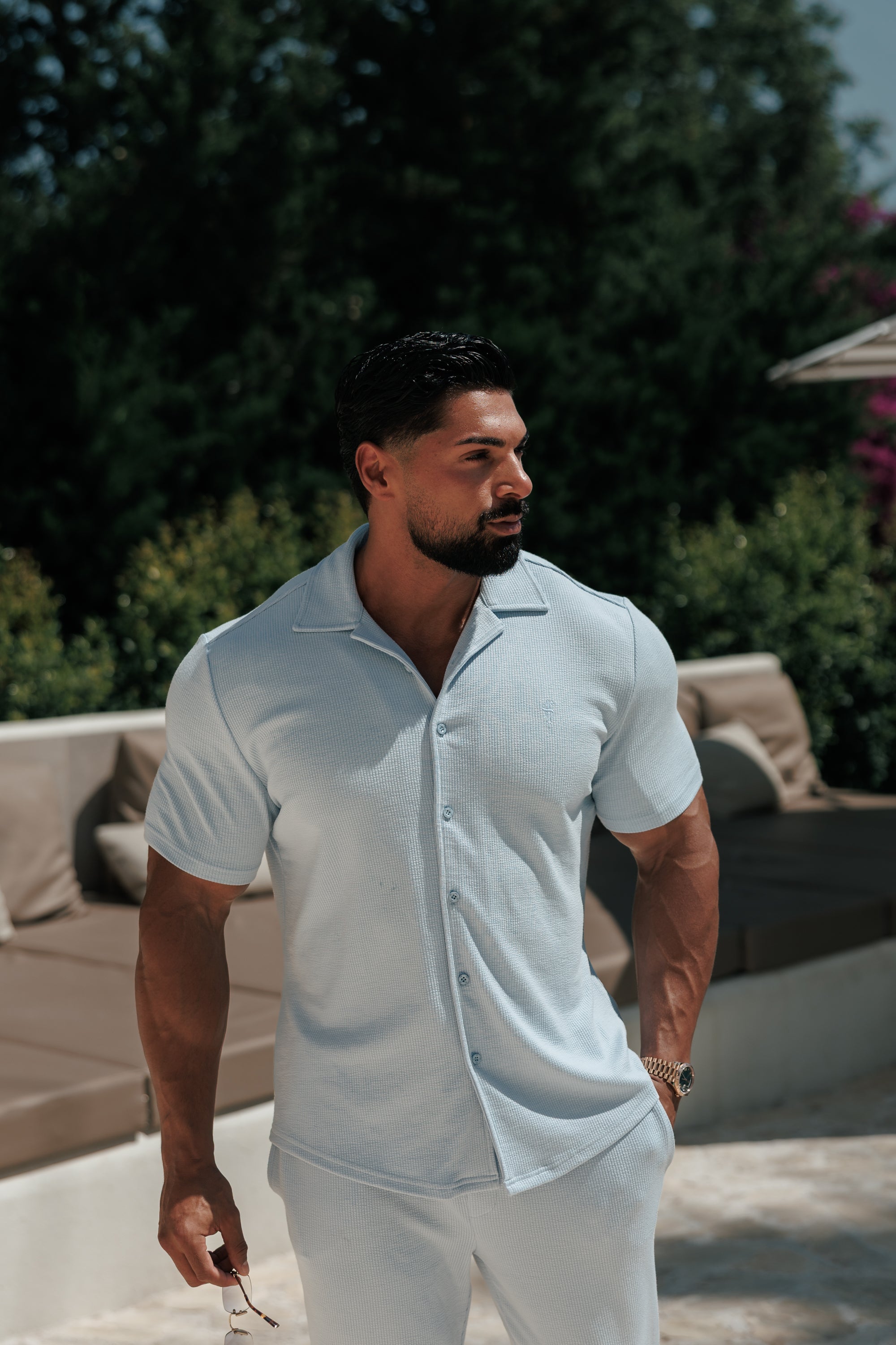 Jersey Cord Stretch Light Blue Revere Shirt Short Sleeve - FSR074 (PRE ORDER 18TH JULY)