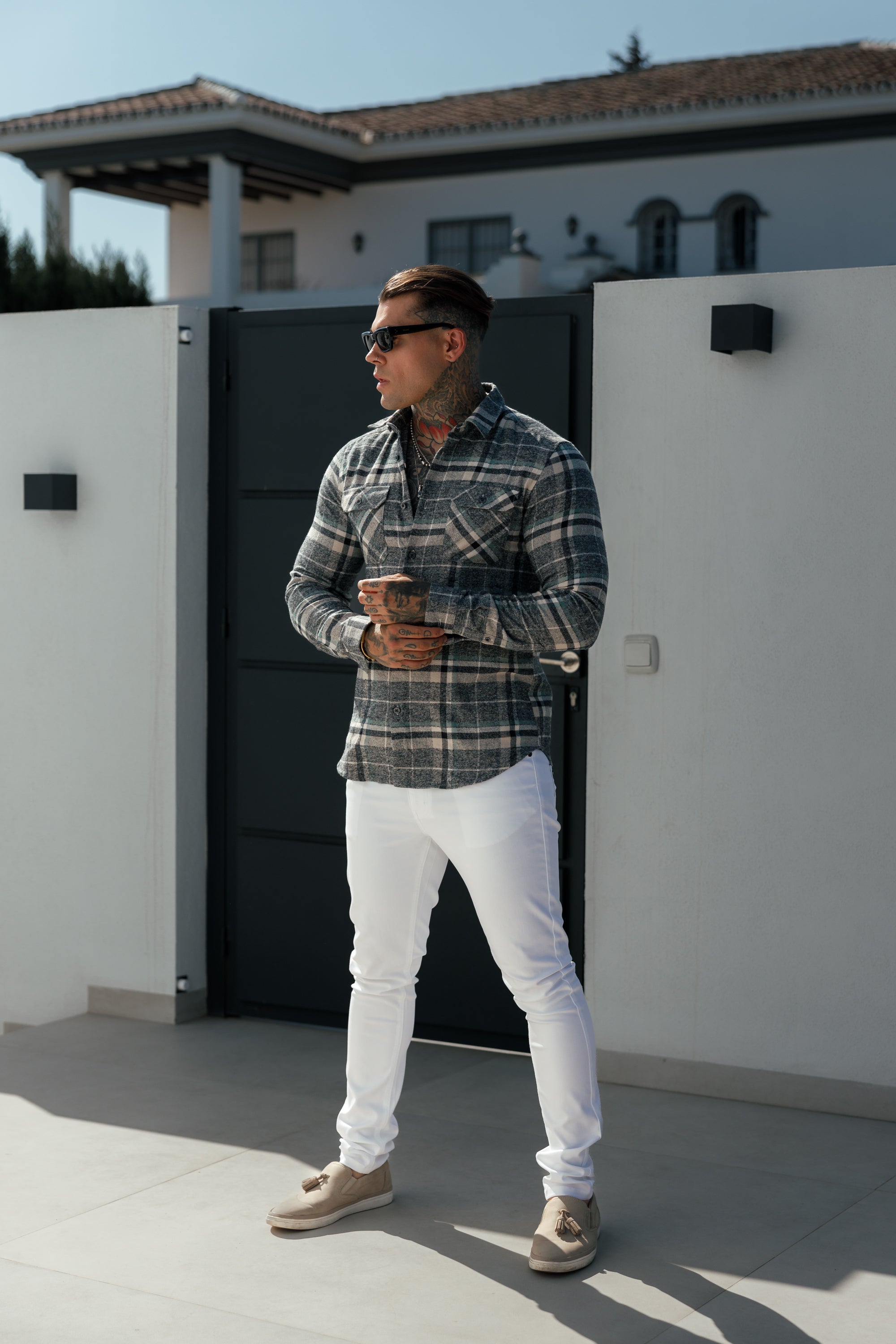 Sage / Grey Check Shacket With Double Pockets - FS1075