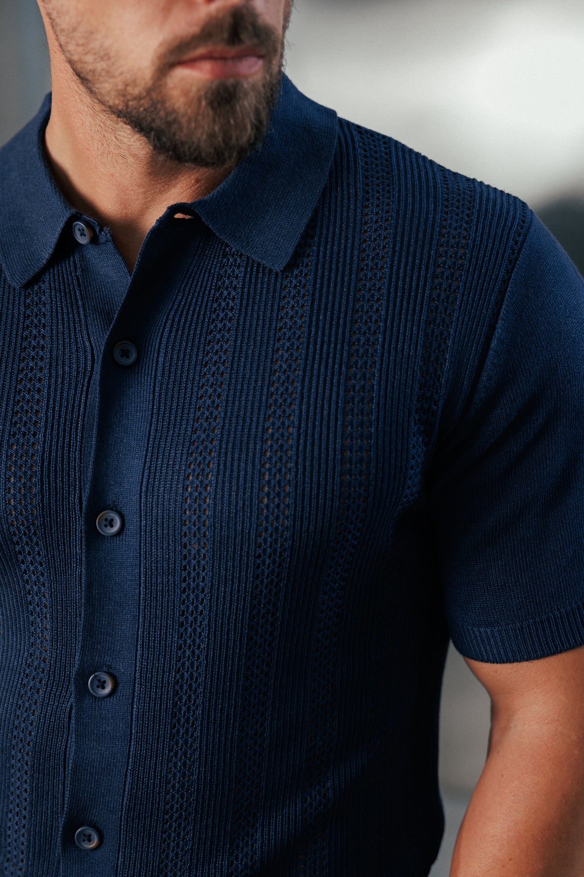 Navy Stripe Perforated Shirt Short Sleeve -  FSA020