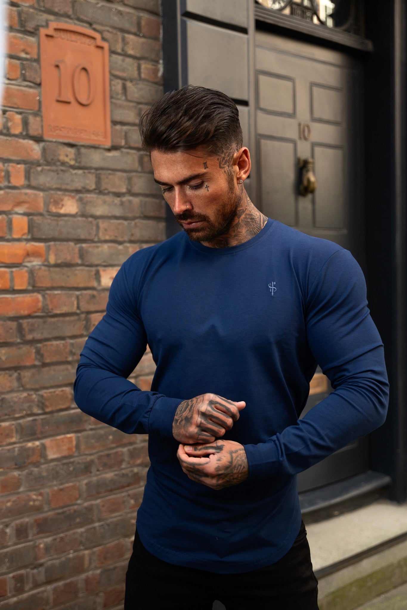 Classic Baby Blue Tonal Curved Hem Long Sleeve Crew T Shirt