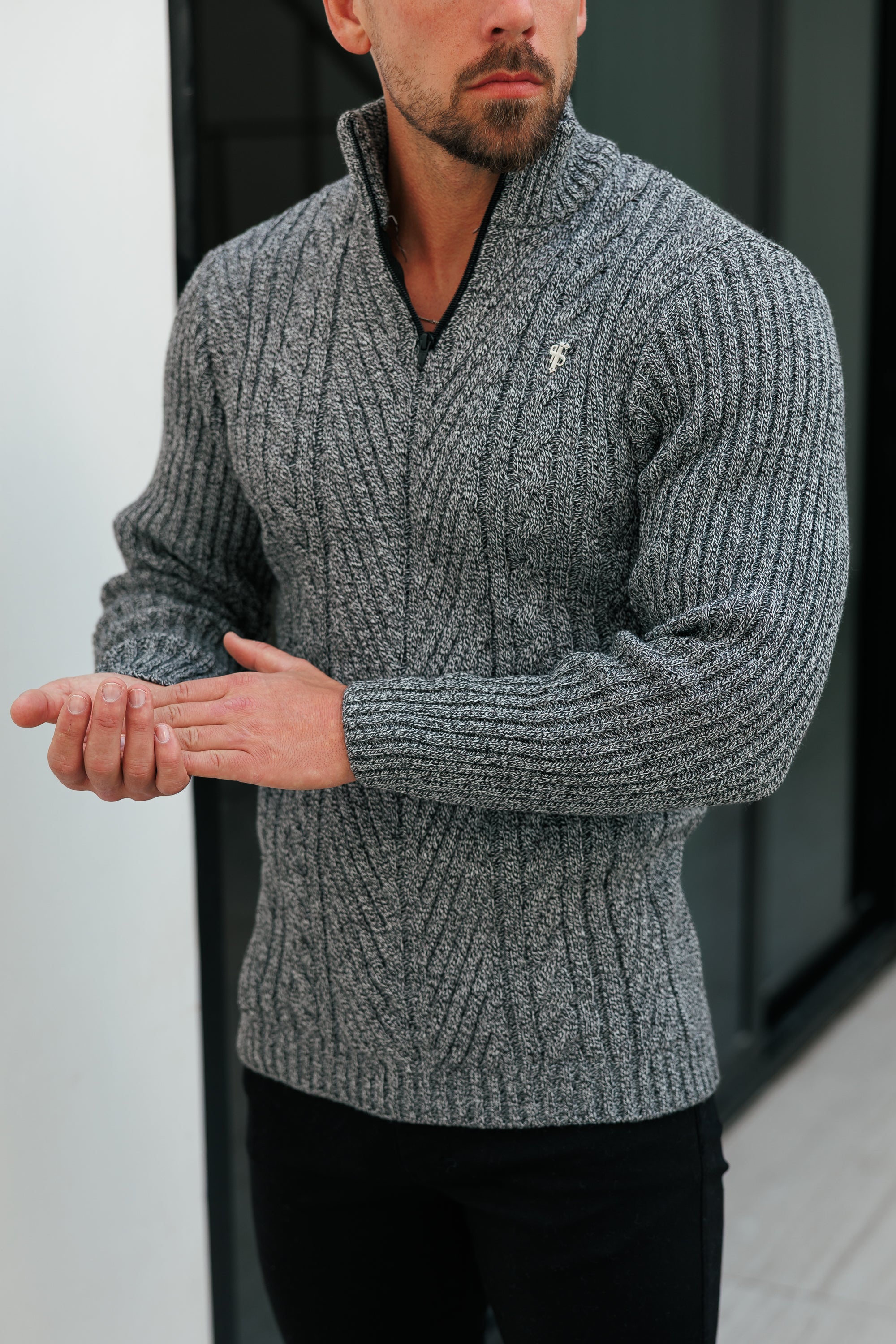 Funnel Neck Jumper with Quarter Zip Black / White Two Tone - FSJ154