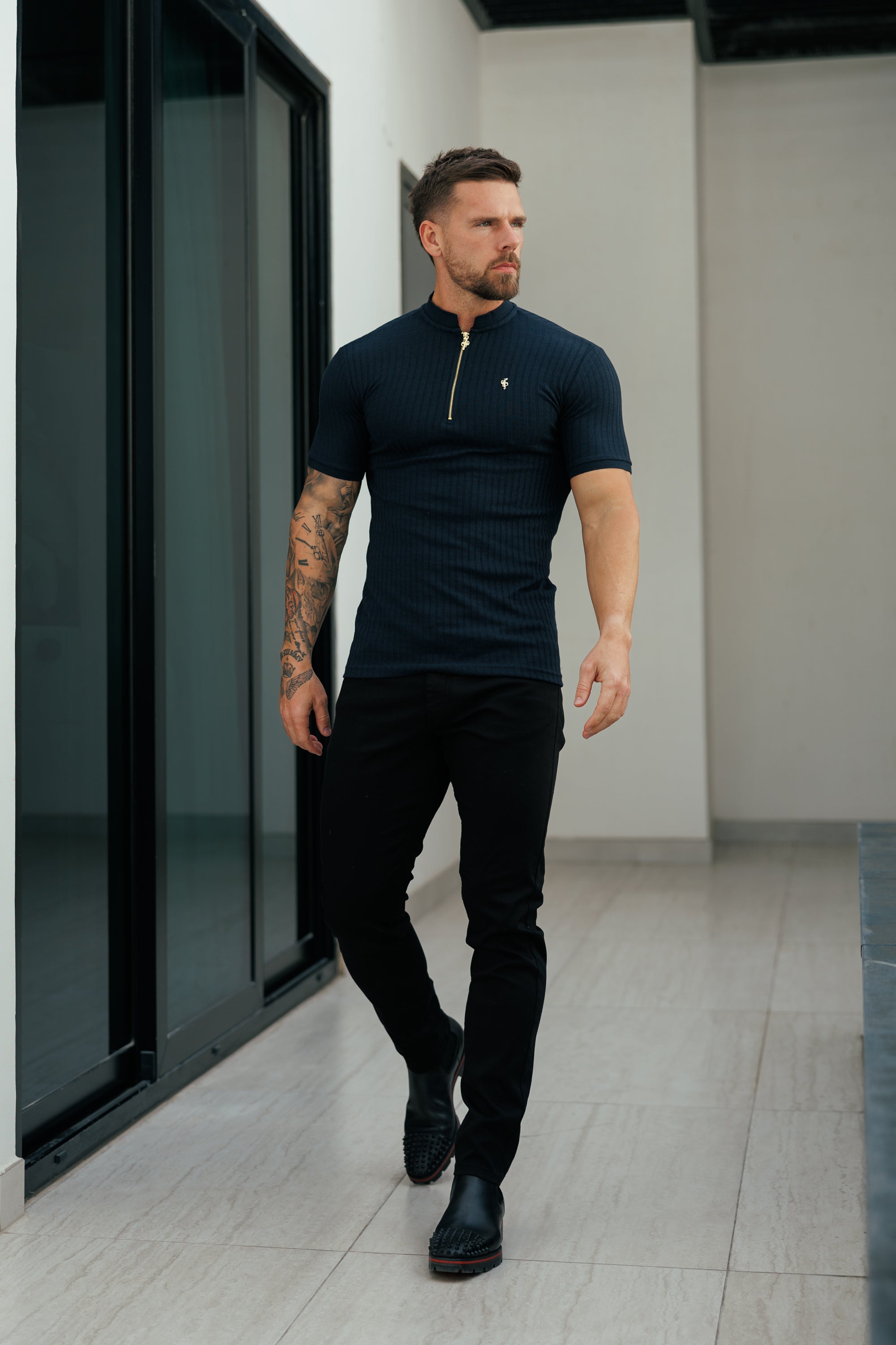 Classic Navy Ribbed Zip Grandad Collar Shirt Short Sleeve - FSH773