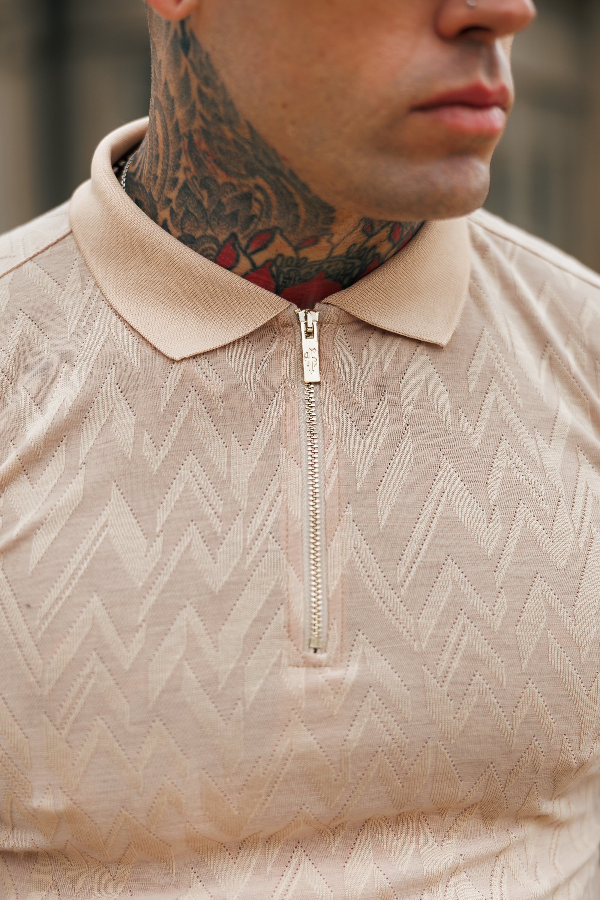 Classic Jacquard Beige Chevron Zipped Polo - FSR023
