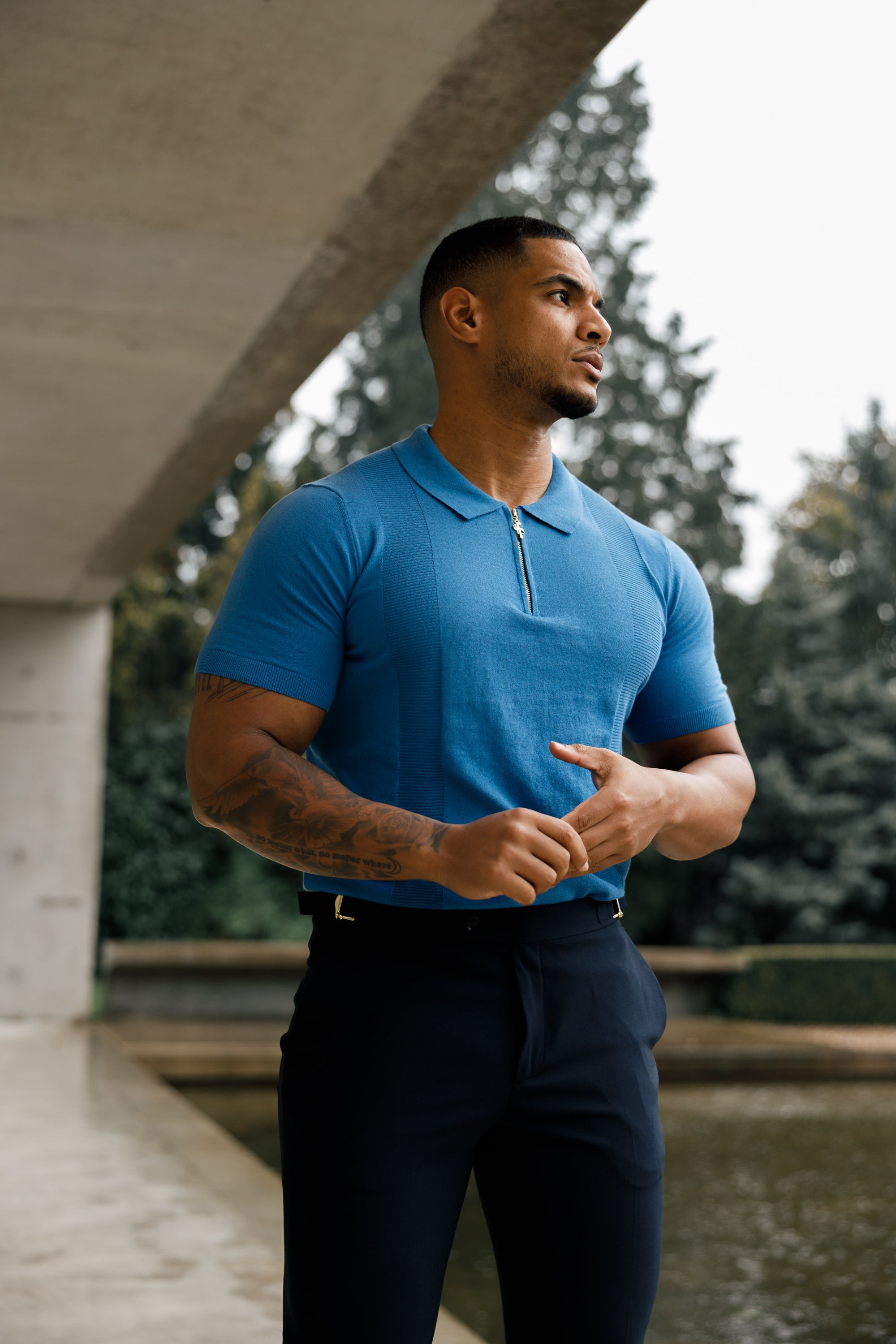 Classic Mid Blue and Gold Zip Knitted Polo Shirt Short Sleeve  - FSN134