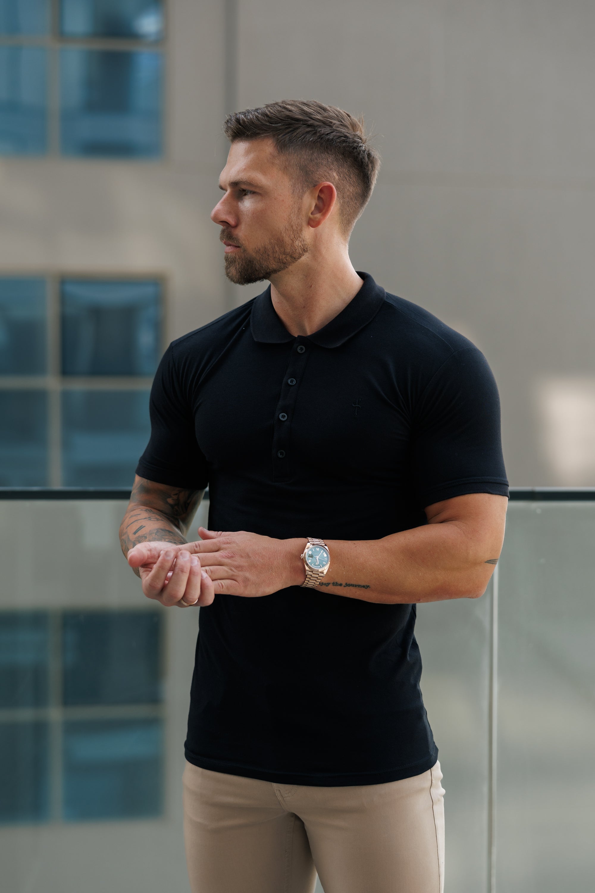 Classic Black Polo Shirt with Tonal Button and Embroidery - FSH824