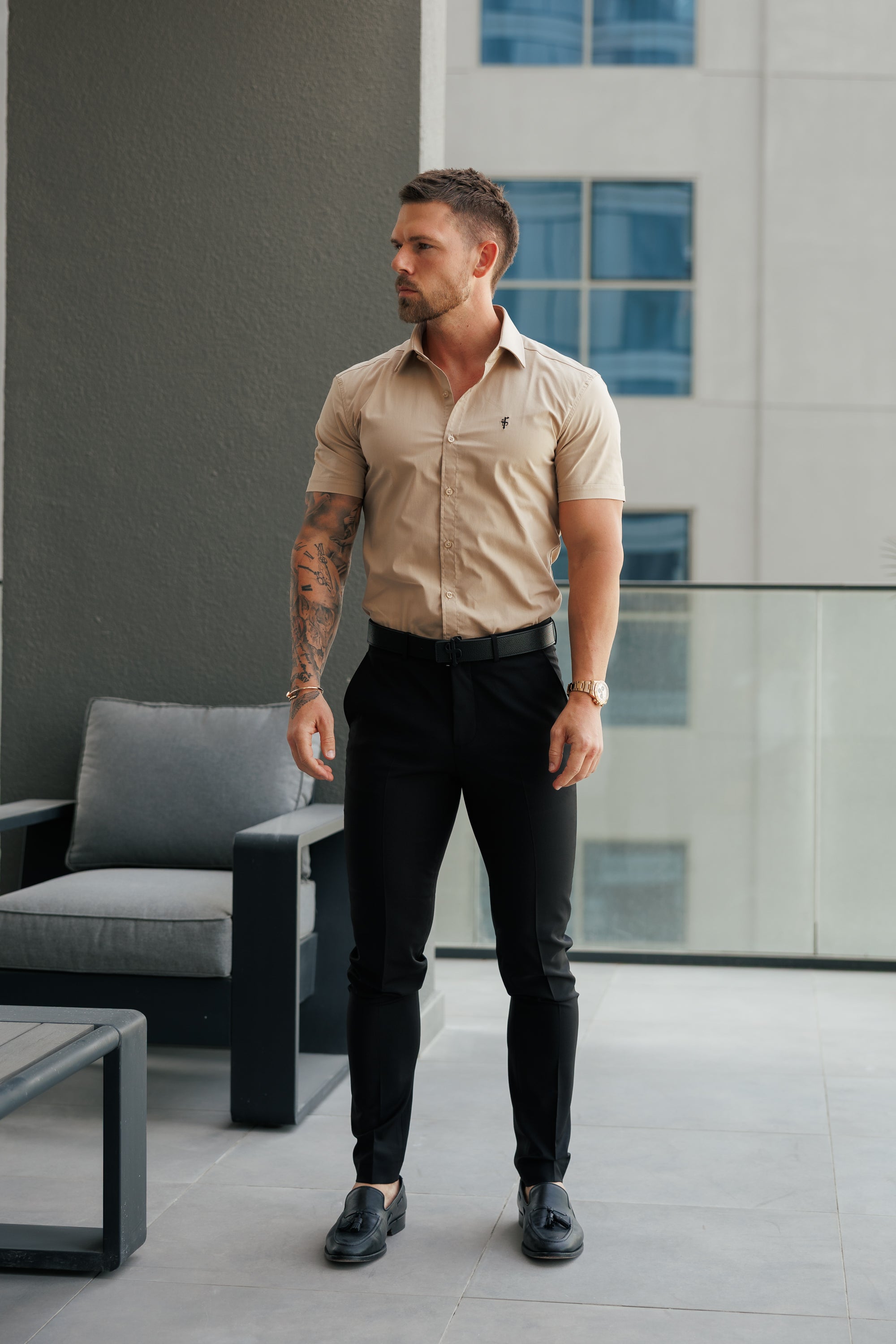 Super Slim Stretch Beige Short Sleeve with Cutaway Collar  - FS1161