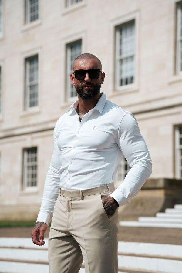 FS Super Slim Stretch White Denim Long Sleeve with Silver Metal Decal - FS1209