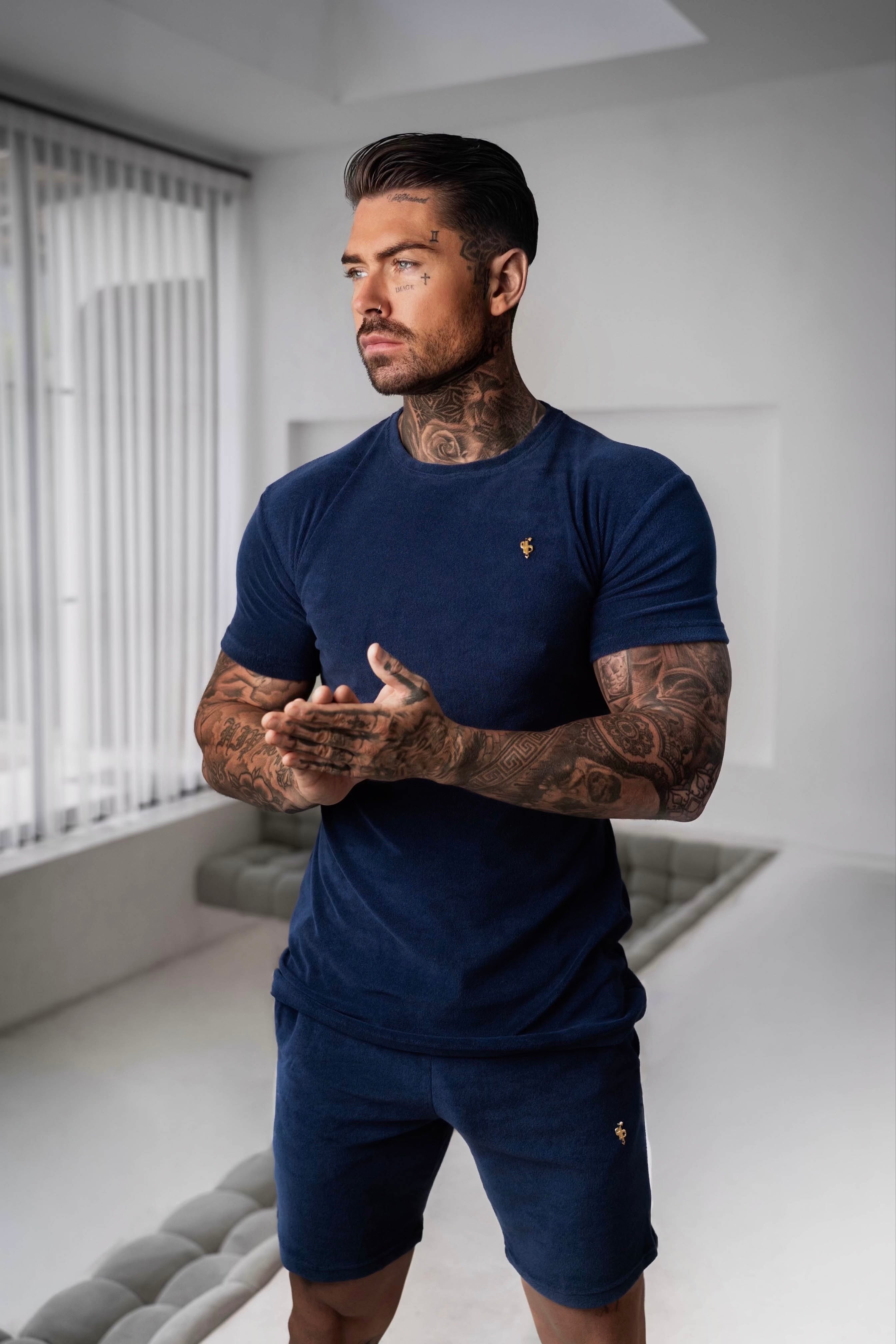 New French Navy Towelling Crew T Shirt - FSH655