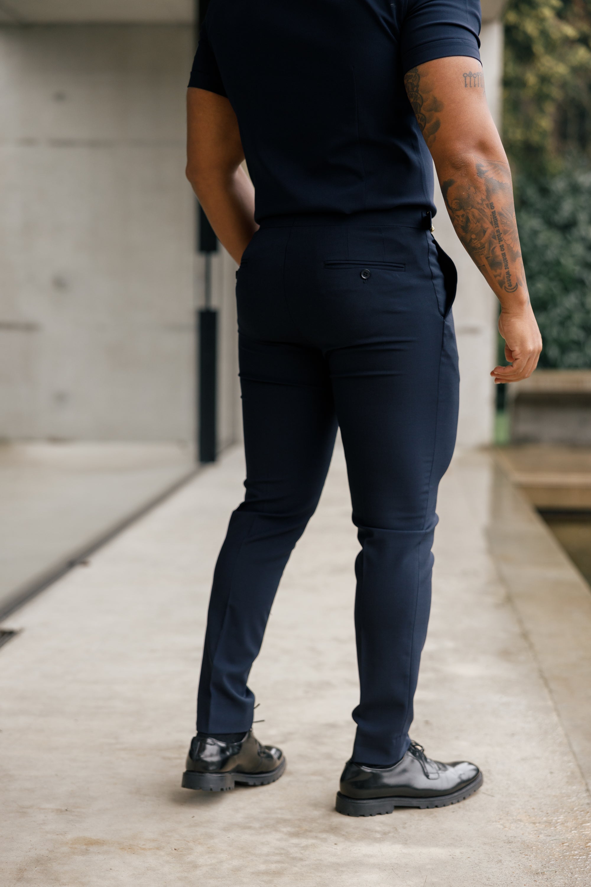 Father Sons Slim Formal Navy Stretch Pants With Gold Waist Adjusters - FST016