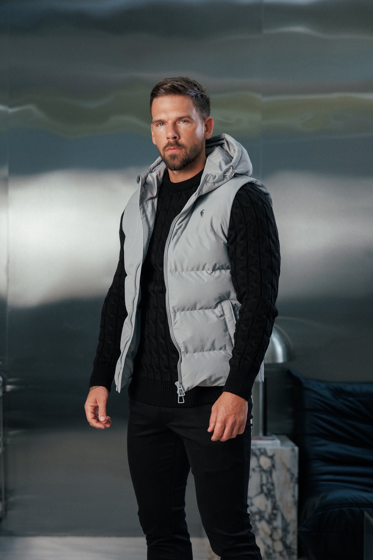 Mid Grey Padded Hooded Gilet - FSN244