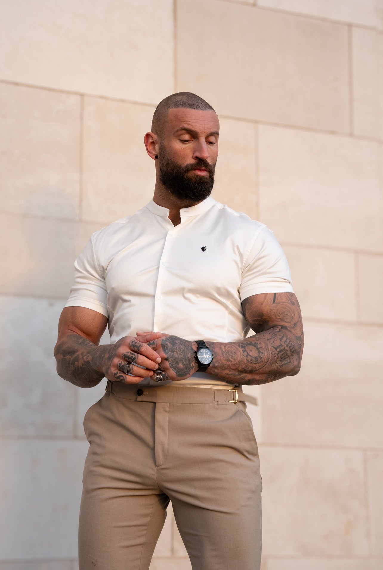 Super Slim Stretch Off White Side Panel Shirt Grandad Collar SS - FS1140