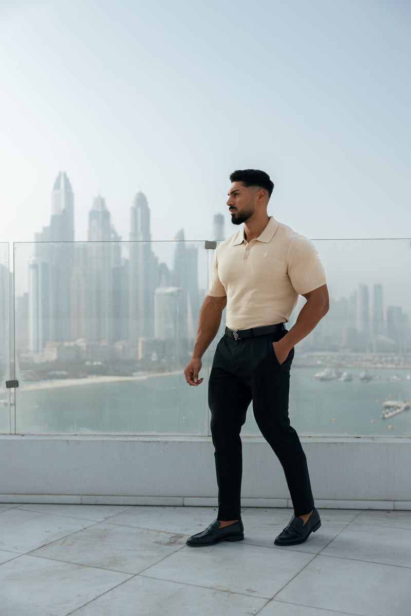 Father Sons Classic Plain Beige Knitted Polo Short Sleeve