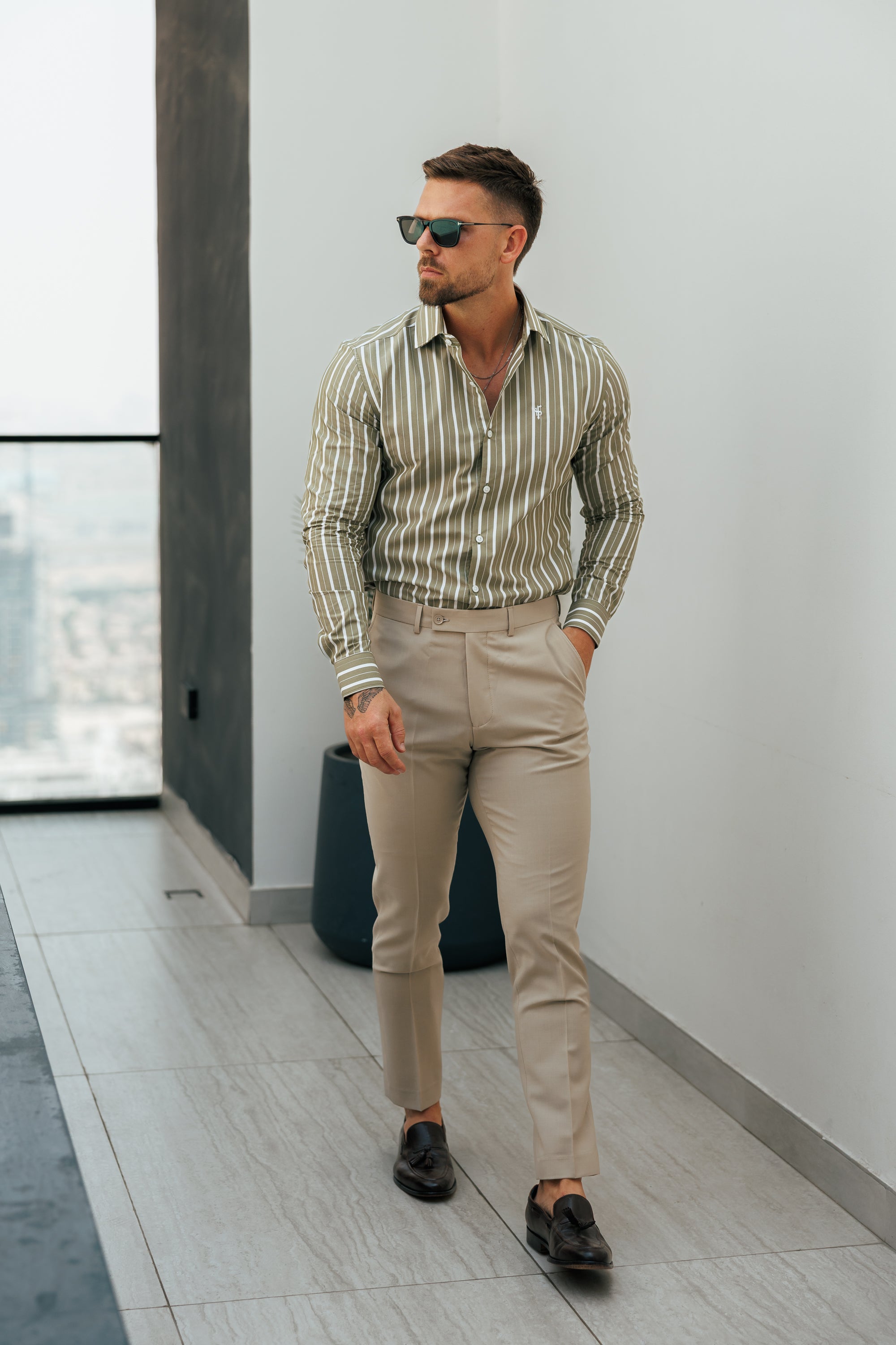 Father Sons Classic Sage Green / White Stripe Long Sleeve with Cutaway Collar - FS1176