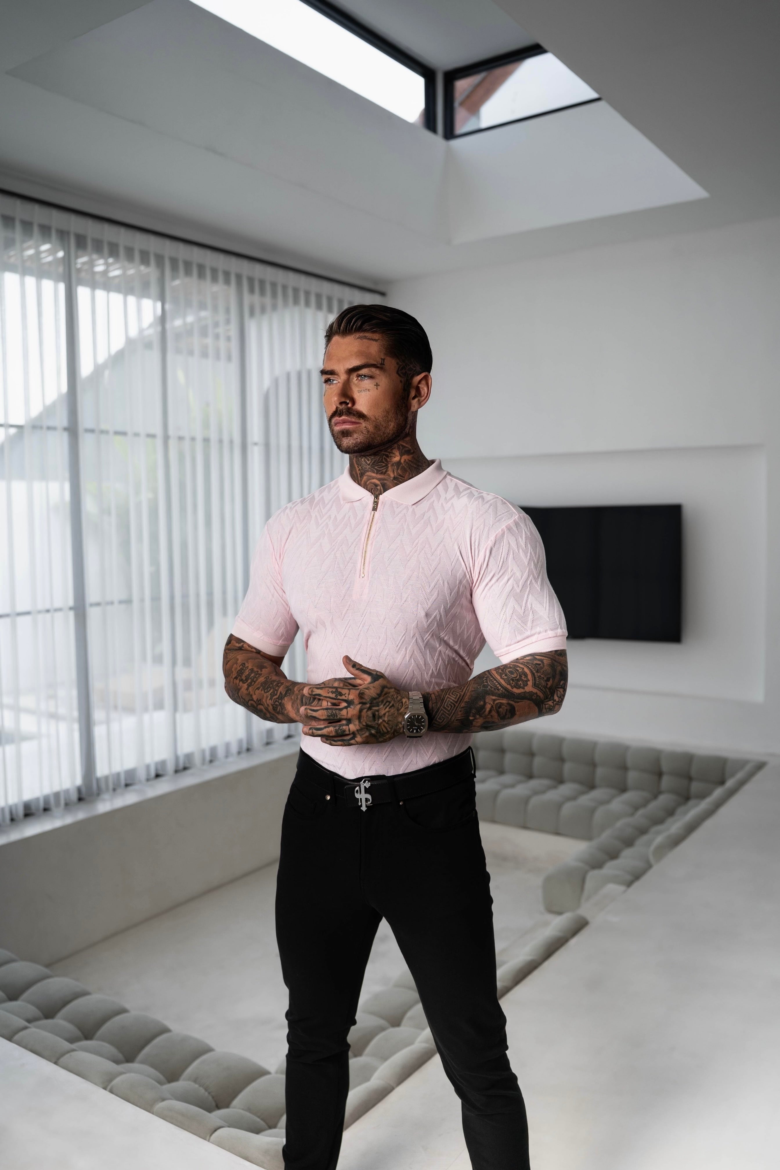 Classic Jacquard Pink Chevron Zipped Polo - FSR022