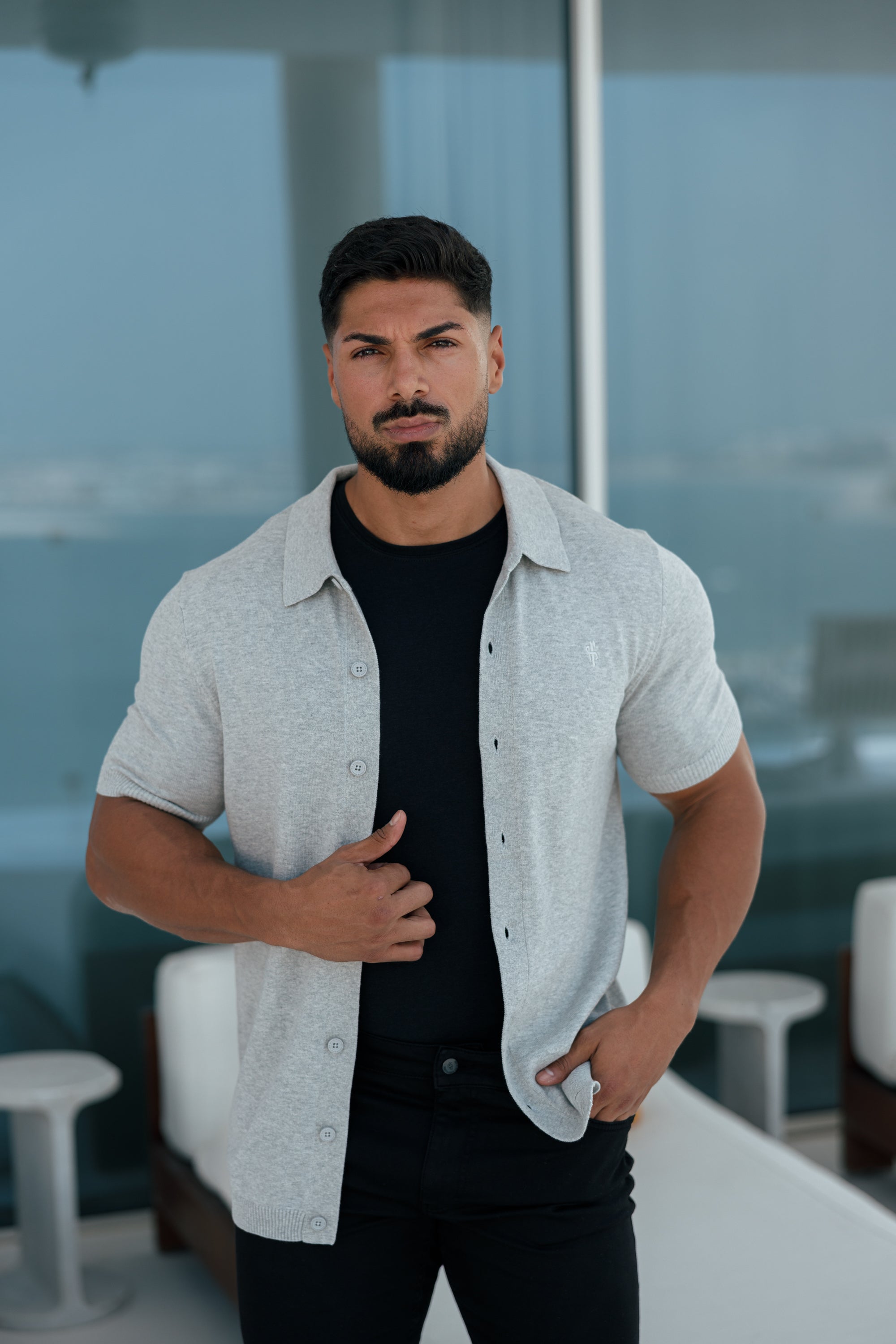 Classic Plain Light Grey Knitted Button Through Polo Short Sleeve - FSN102