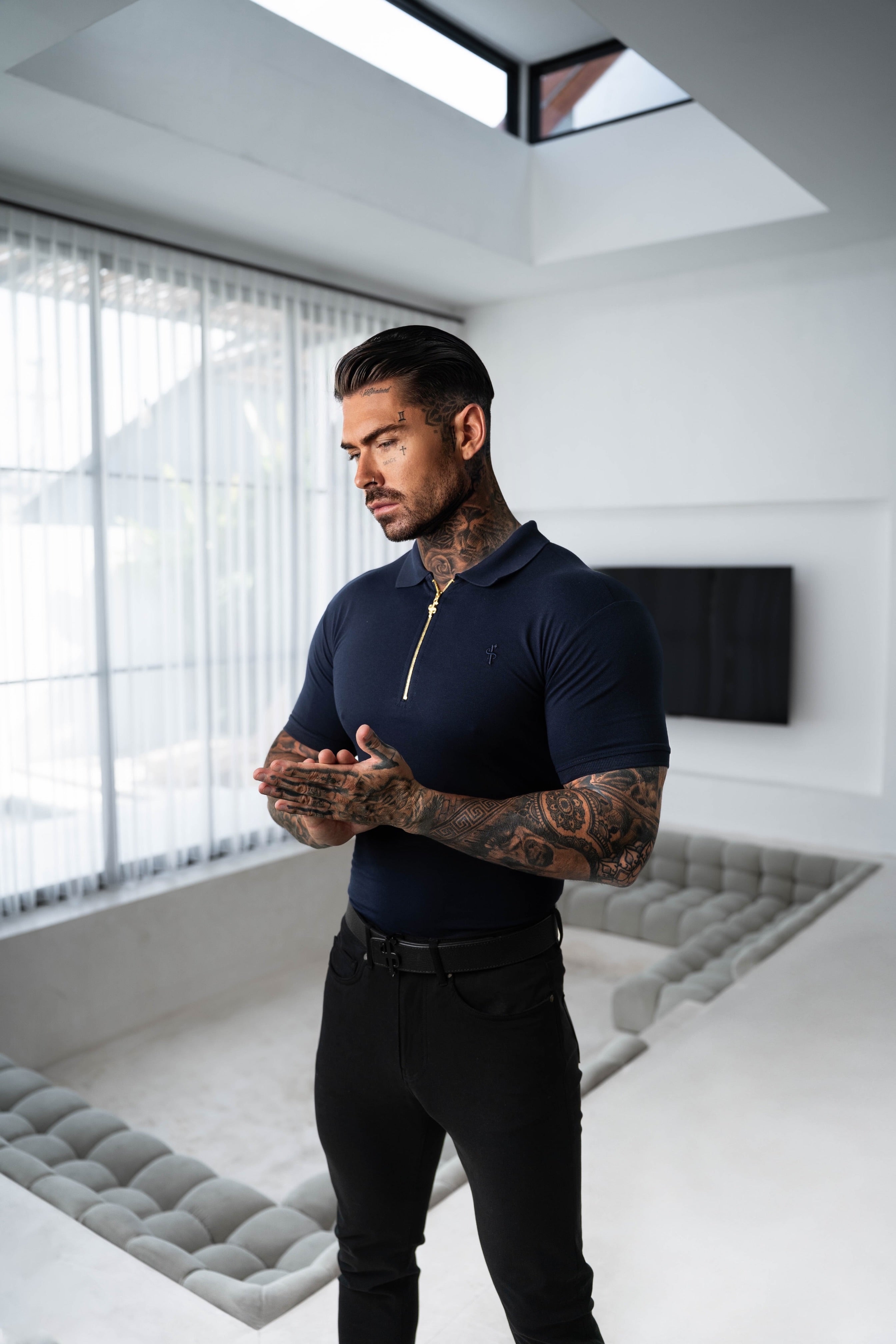 Classic Navy and Gold Zipped Polo Shirt - FSH809