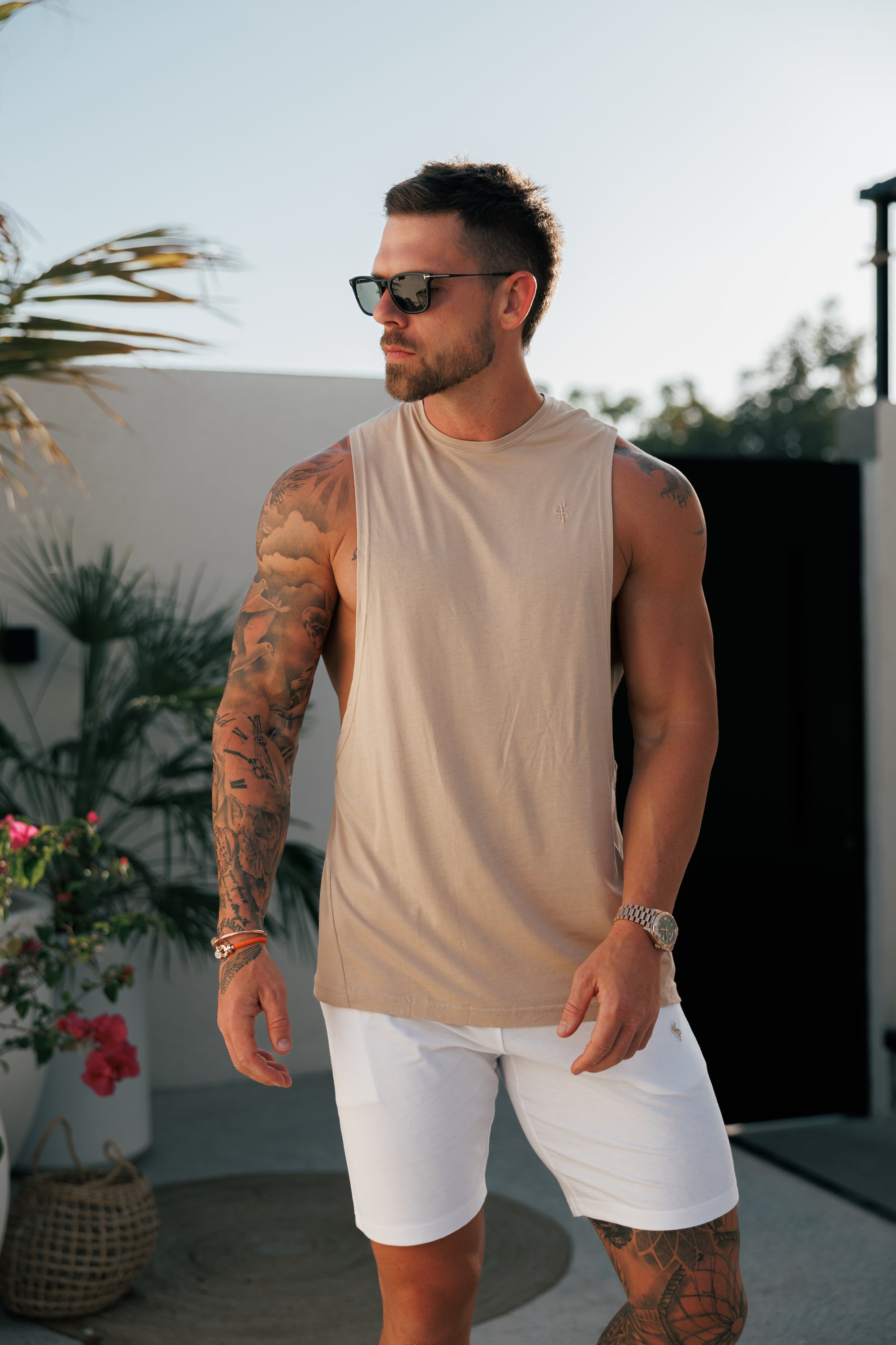 Classic Bamboo Dropped Armhole Beige Vest - FSH1342