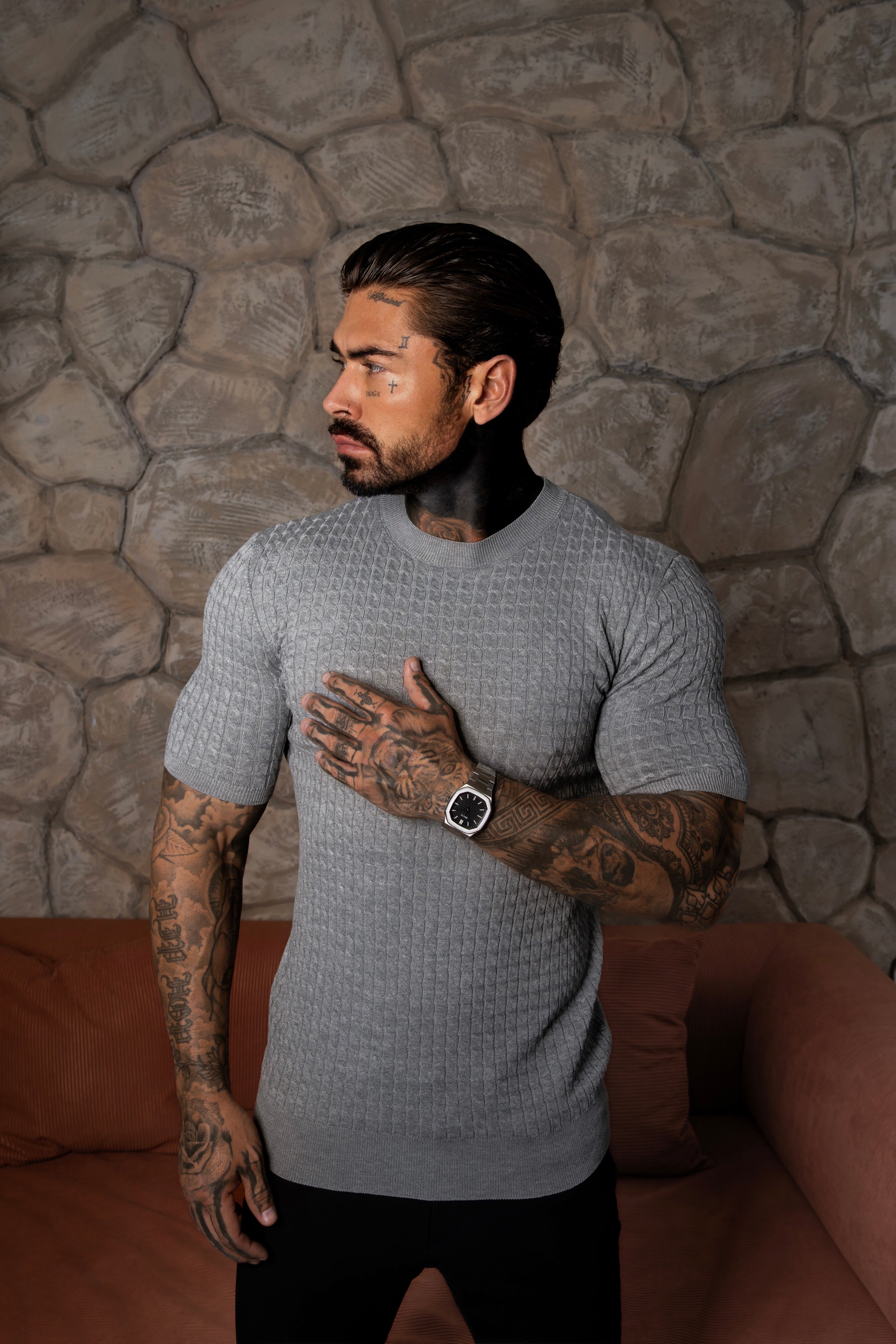 Front Chain Knit Crew T-Shirt Light Charcoal Short Sleeve  -  FSR058
