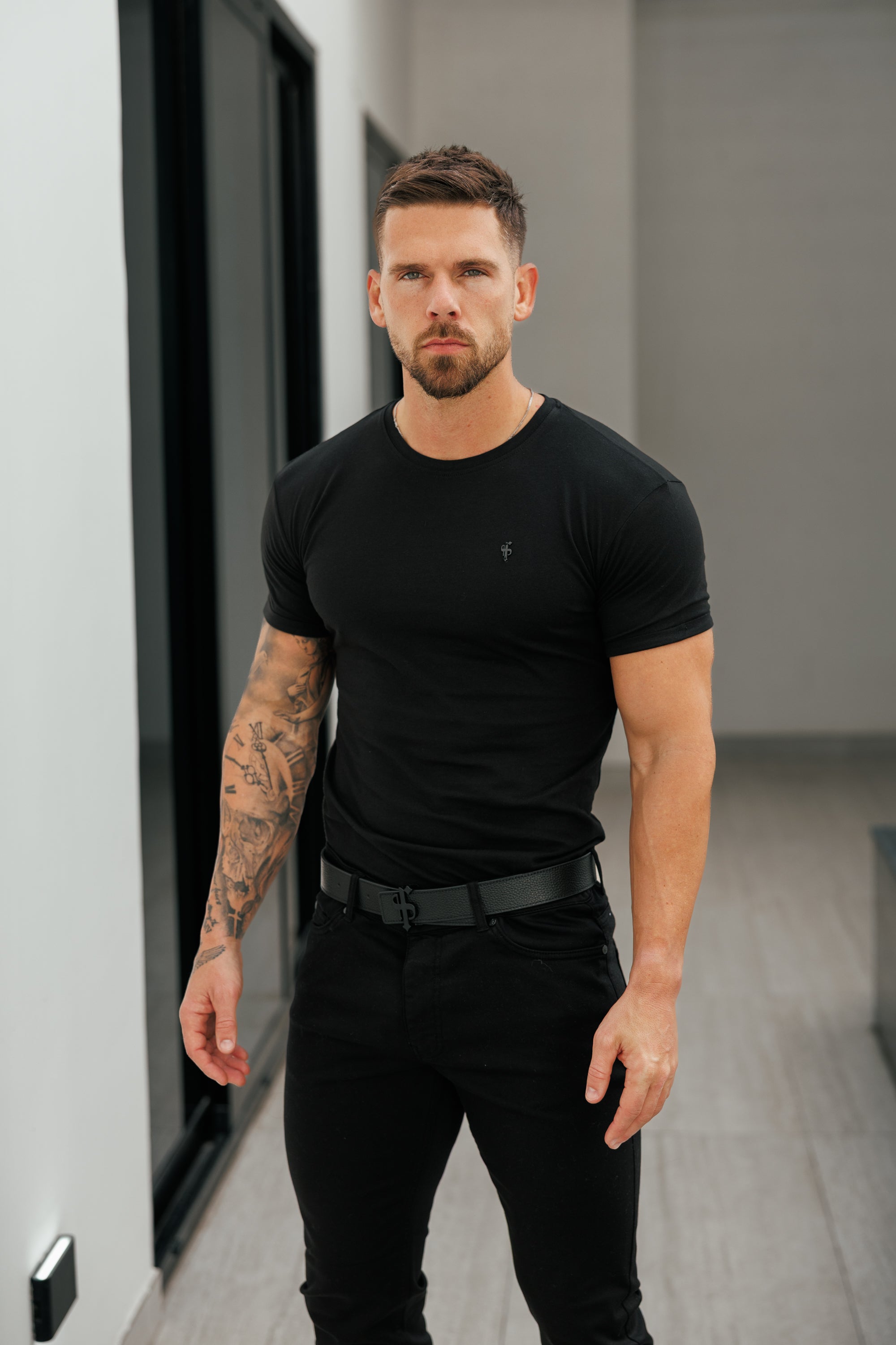 Black Crew Tshirt with Black Metal Emblem Decal FSH1454
