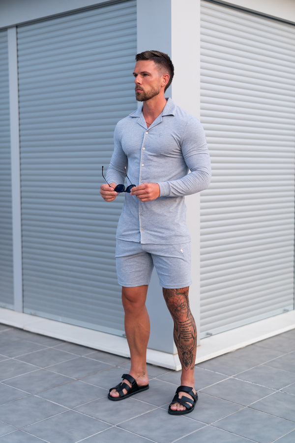 Father Sons Stretch Light Grey Pique Revere Shirt Long Sleeve - FSH1353